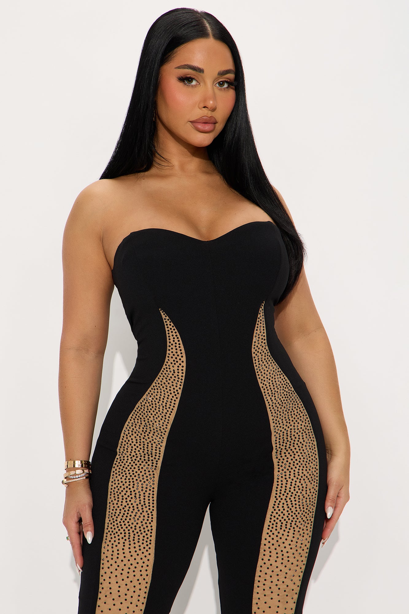 Sleek Silhouette Rhinestone Flare Jumpsuit - Black