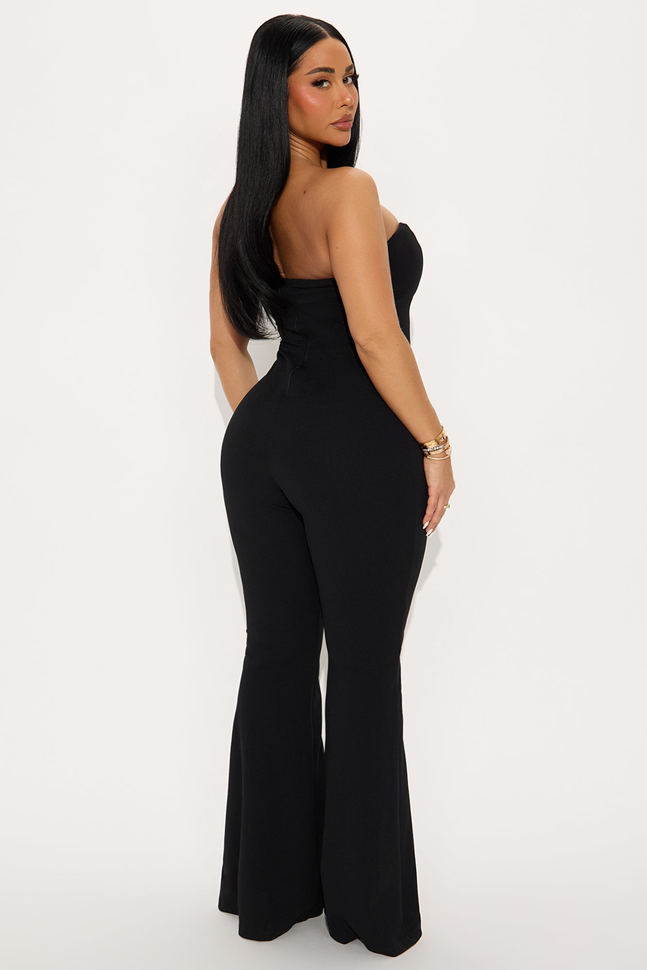 Sleek Silhouette Rhinestone Flare Jumpsuit - Black