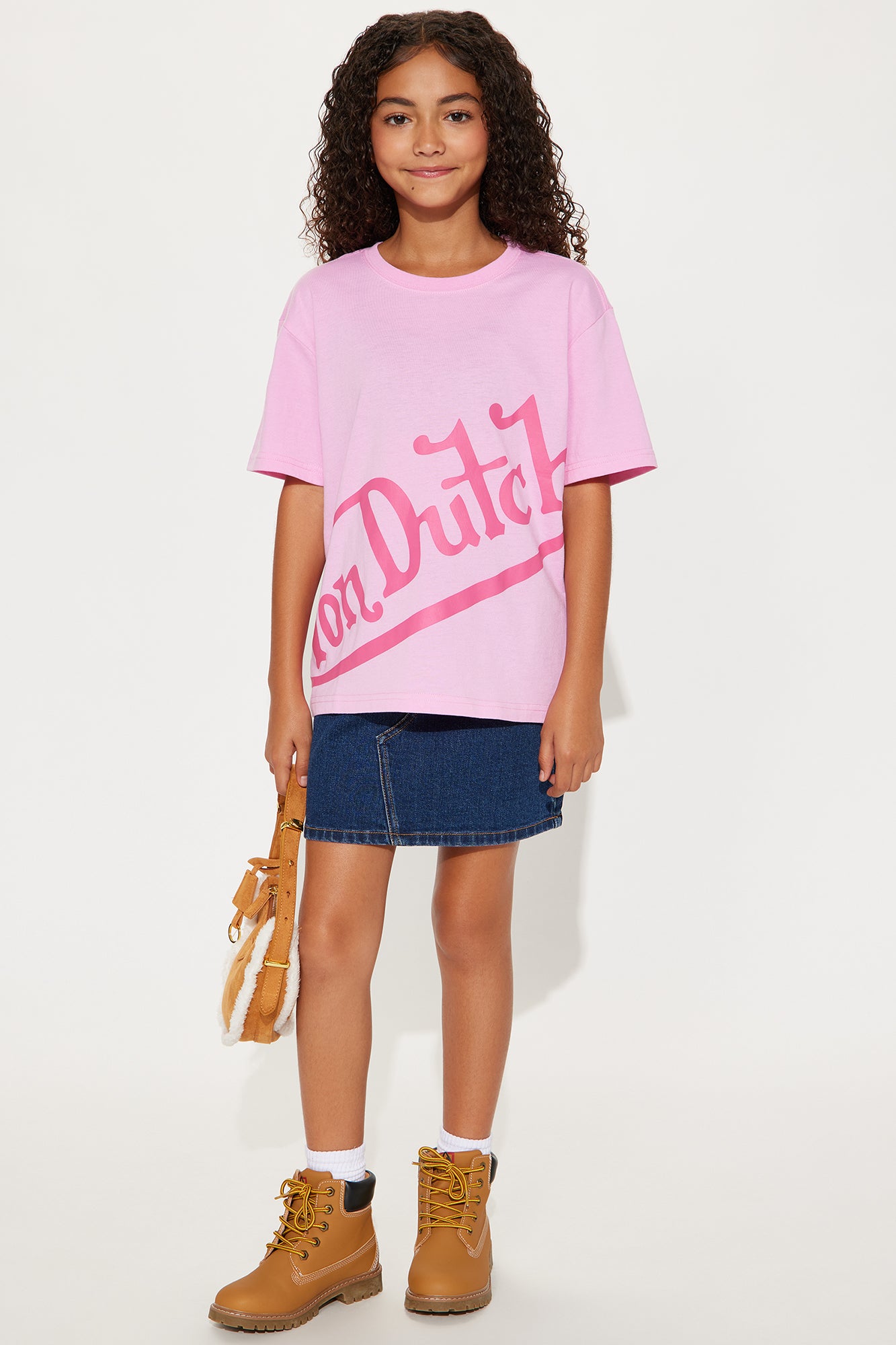 Mini Von Dutch Diagonal Logo Oversized Tee - Light Pink