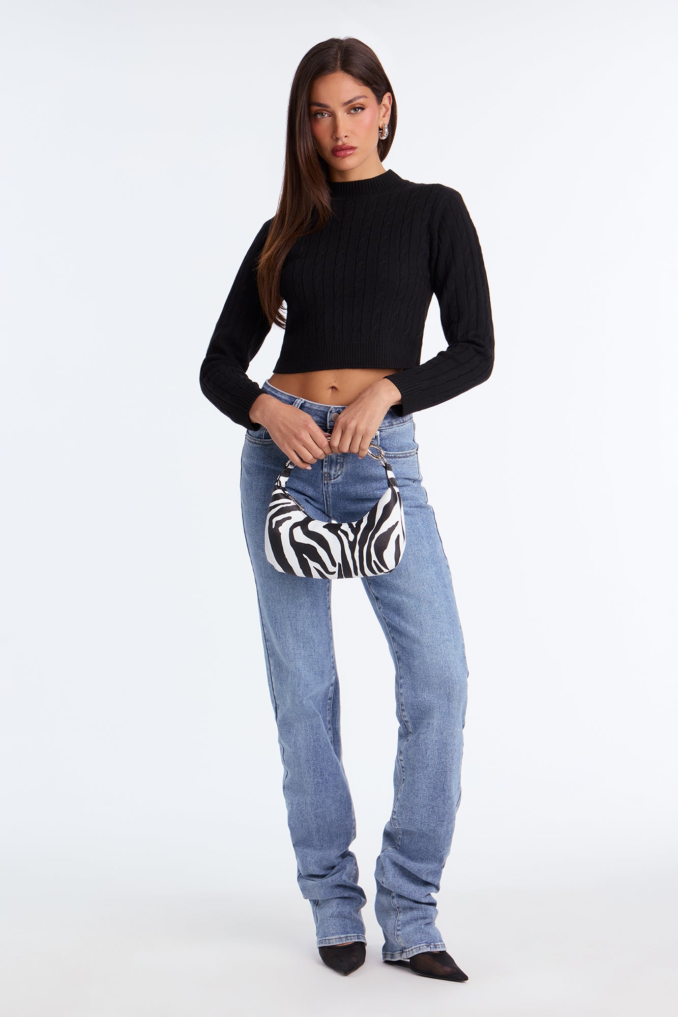 Cozy Mock Neck Cable Knit Sweater - Black