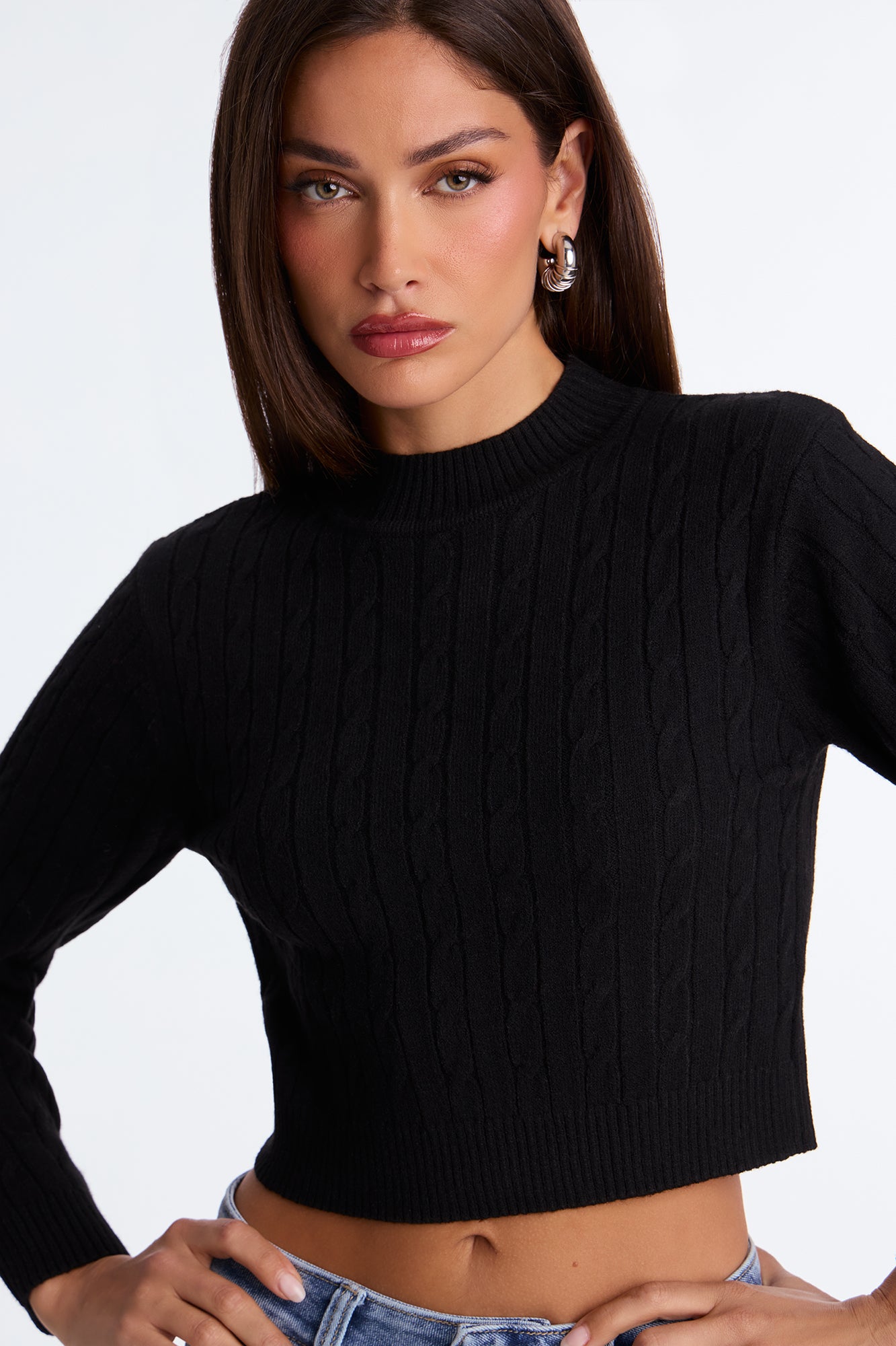 Cozy Mock Neck Cable Knit Sweater - Black