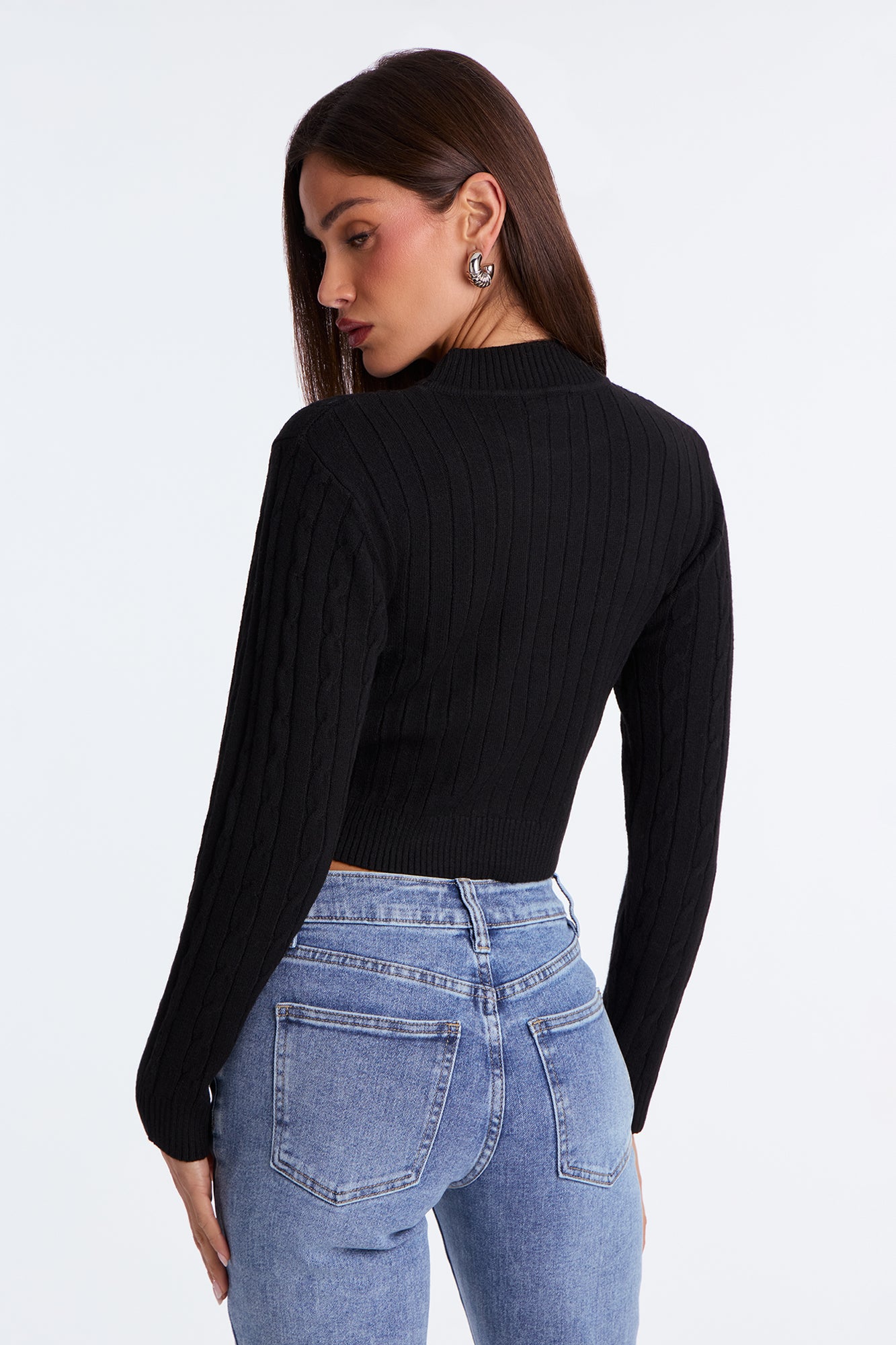 Cozy Mock Neck Cable Knit Sweater - Black