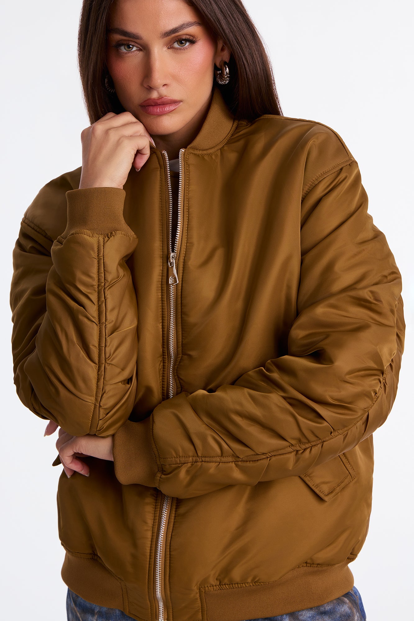 Kamryn Oversized Nylon Blend Bomber Jacket - Olive