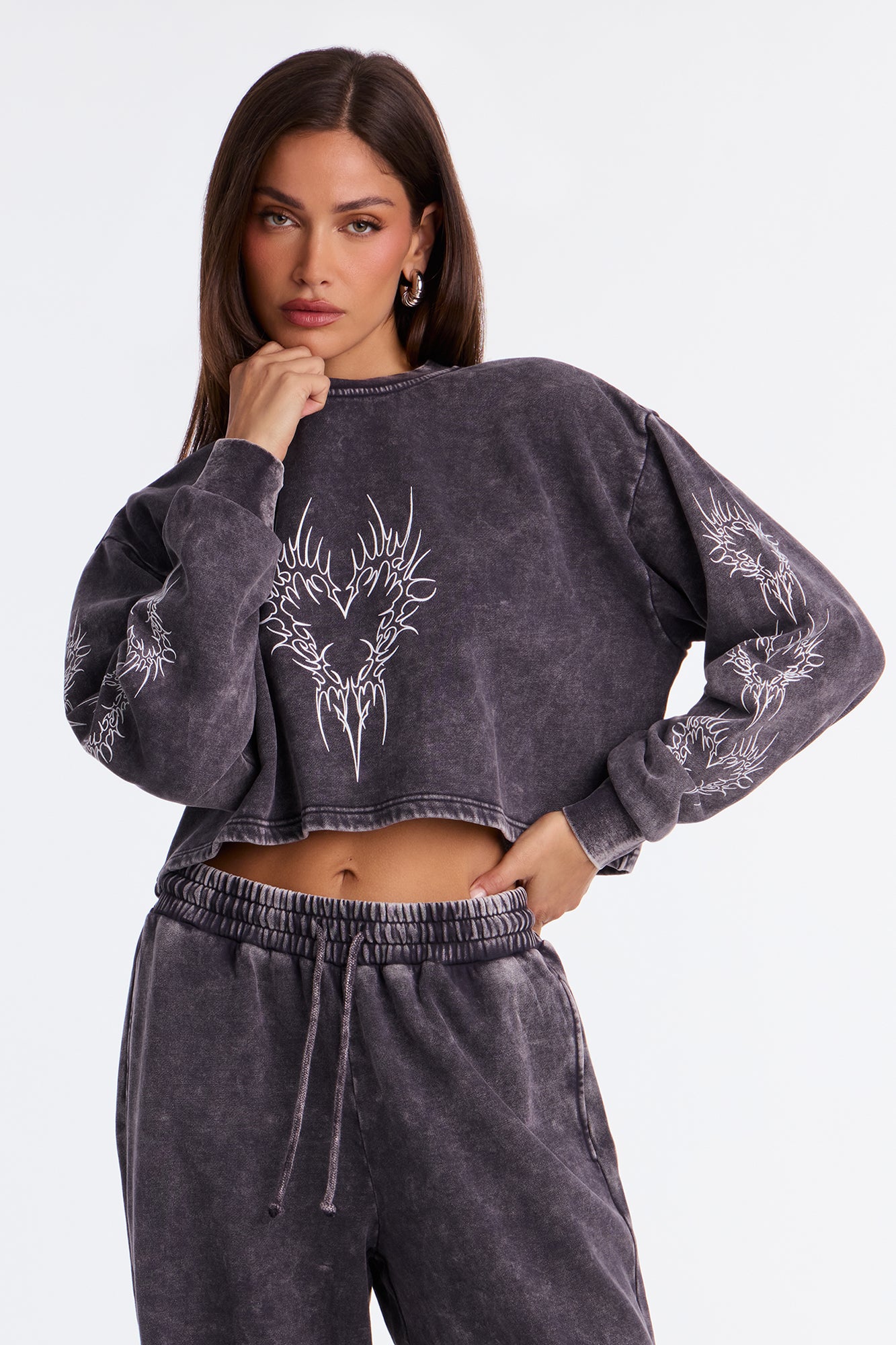Heart Of Flames Washed Fleece Pant Set - Charcoal