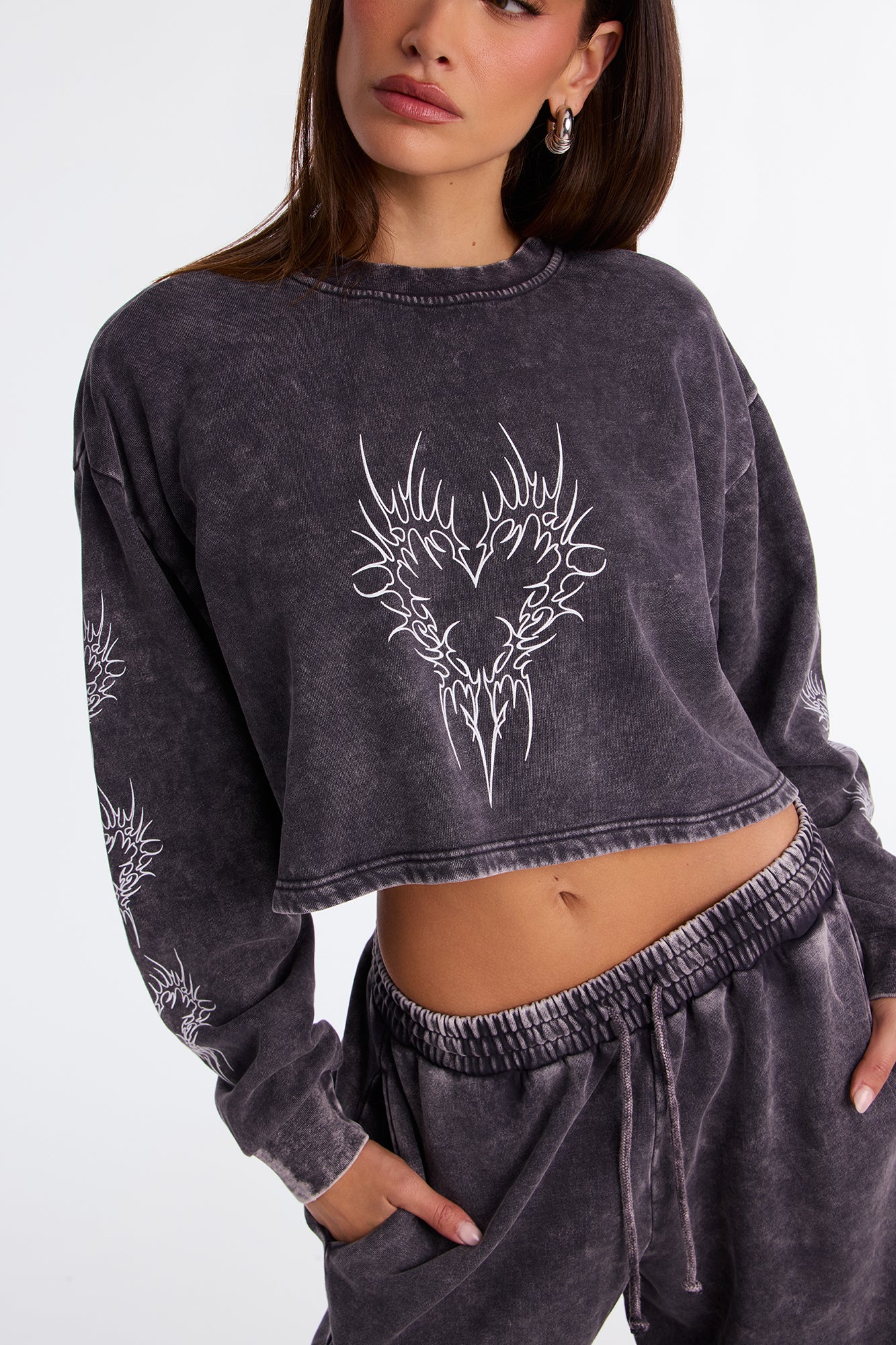 Heart Of Flames Washed Fleece Pant Set - Charcoal