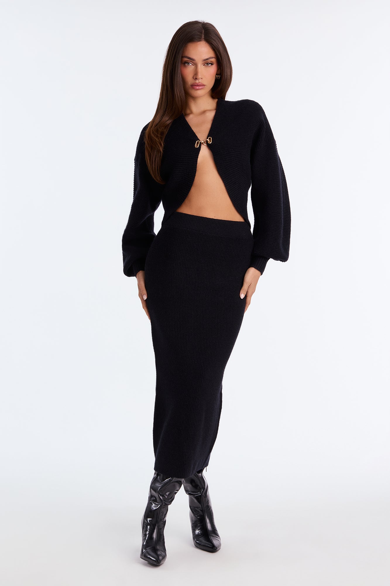 Isla Sweater Cardigan Skirt Set - Black