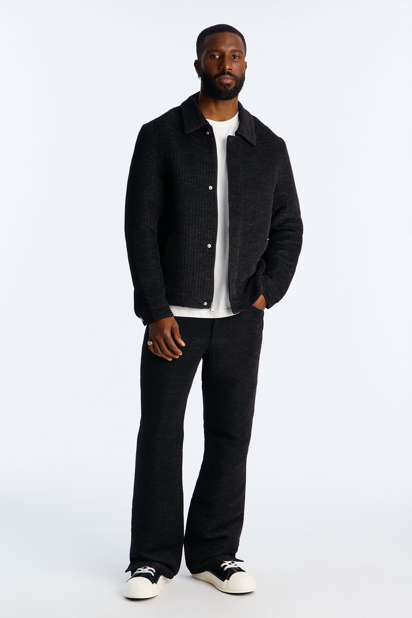 Cropped Michael Textured Hidden Snap Work Jacket - Black