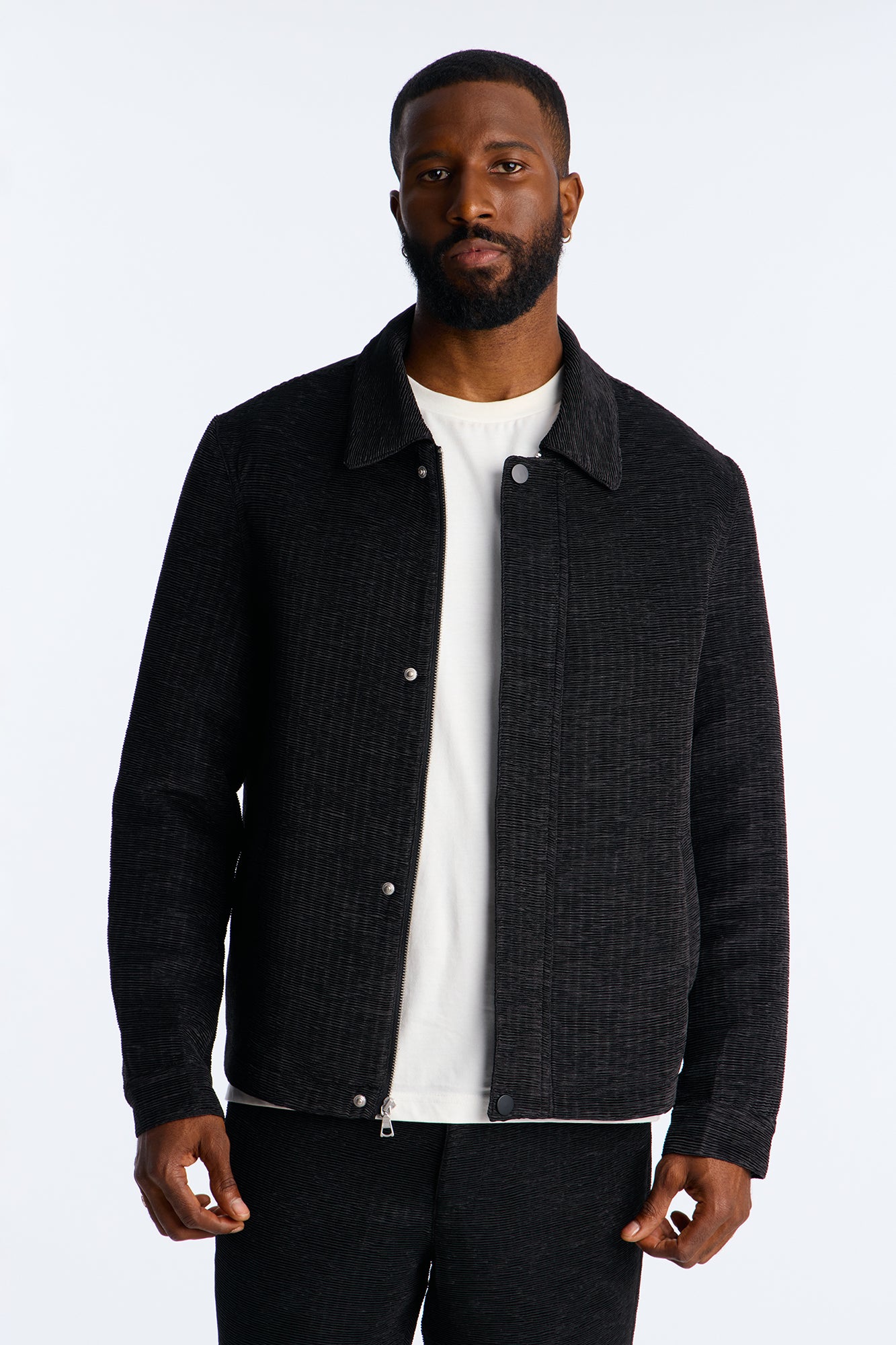 Cropped Michael Textured Hidden Snap Work Jacket - Black