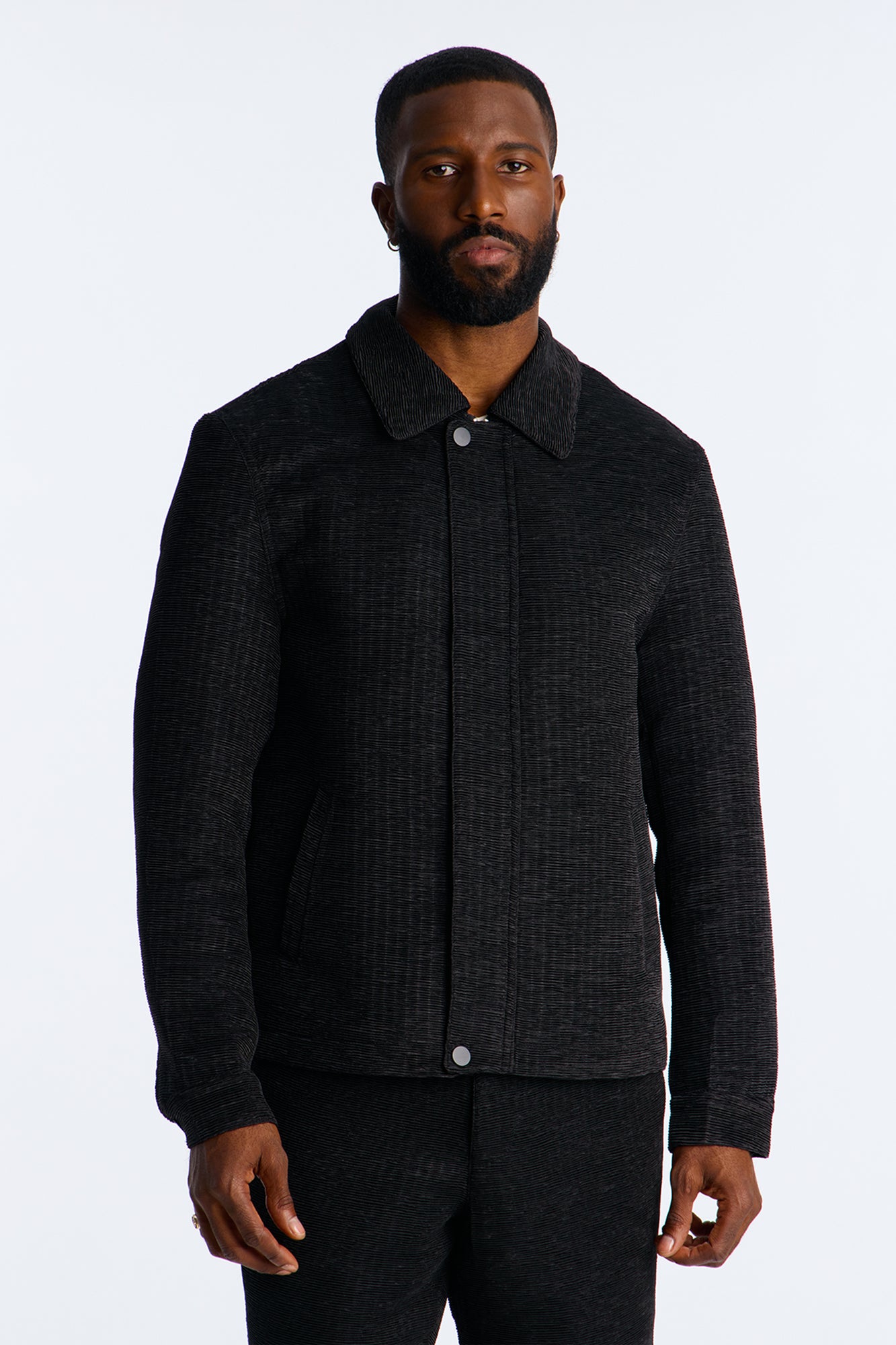 Cropped Michael Textured Hidden Snap Work Jacket - Black