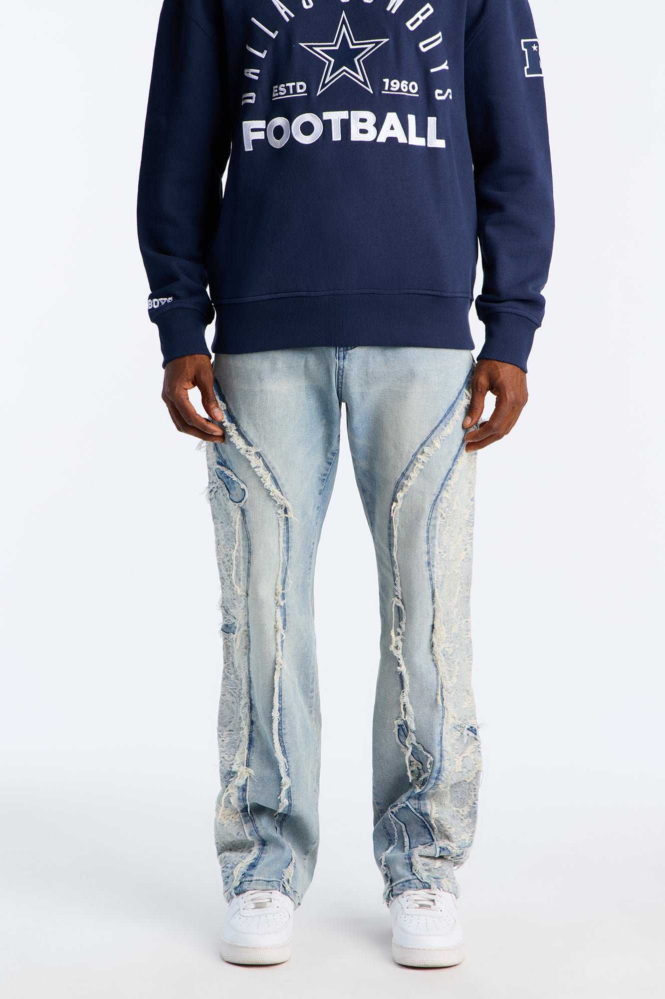 Stacked Slim Flare Laced Fray Jean - Medium Blue Wash