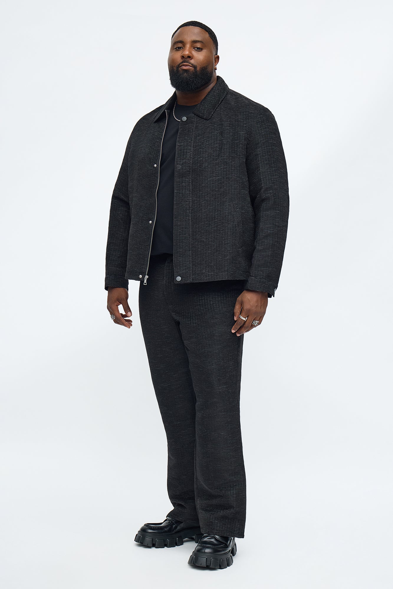 Cropped Michael Textured Hidden Snap Work Jacket - Black