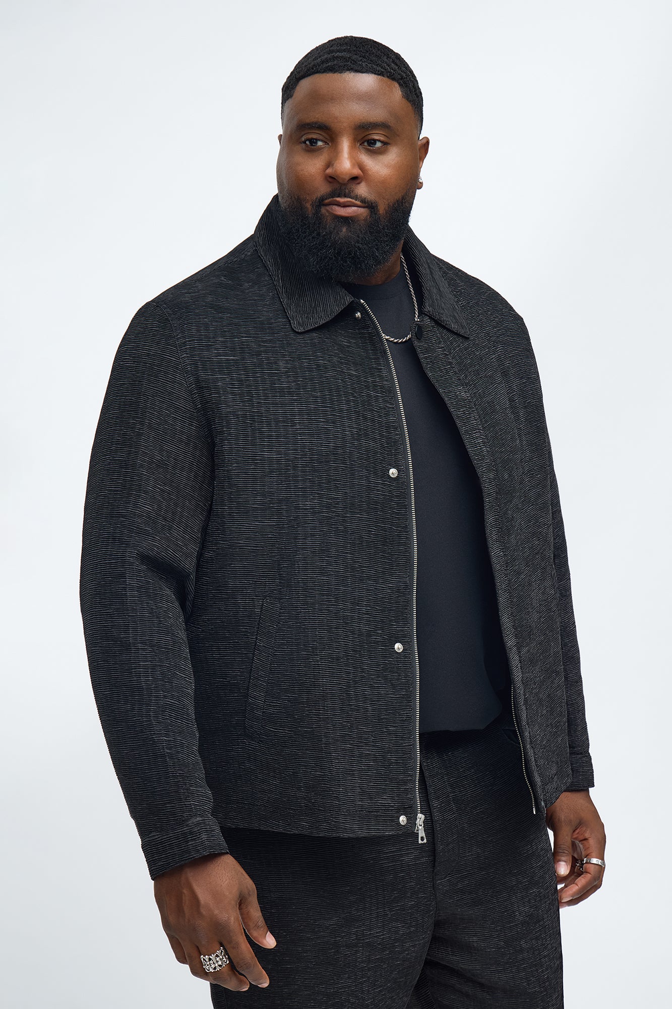 Cropped Michael Textured Hidden Snap Work Jacket - Black
