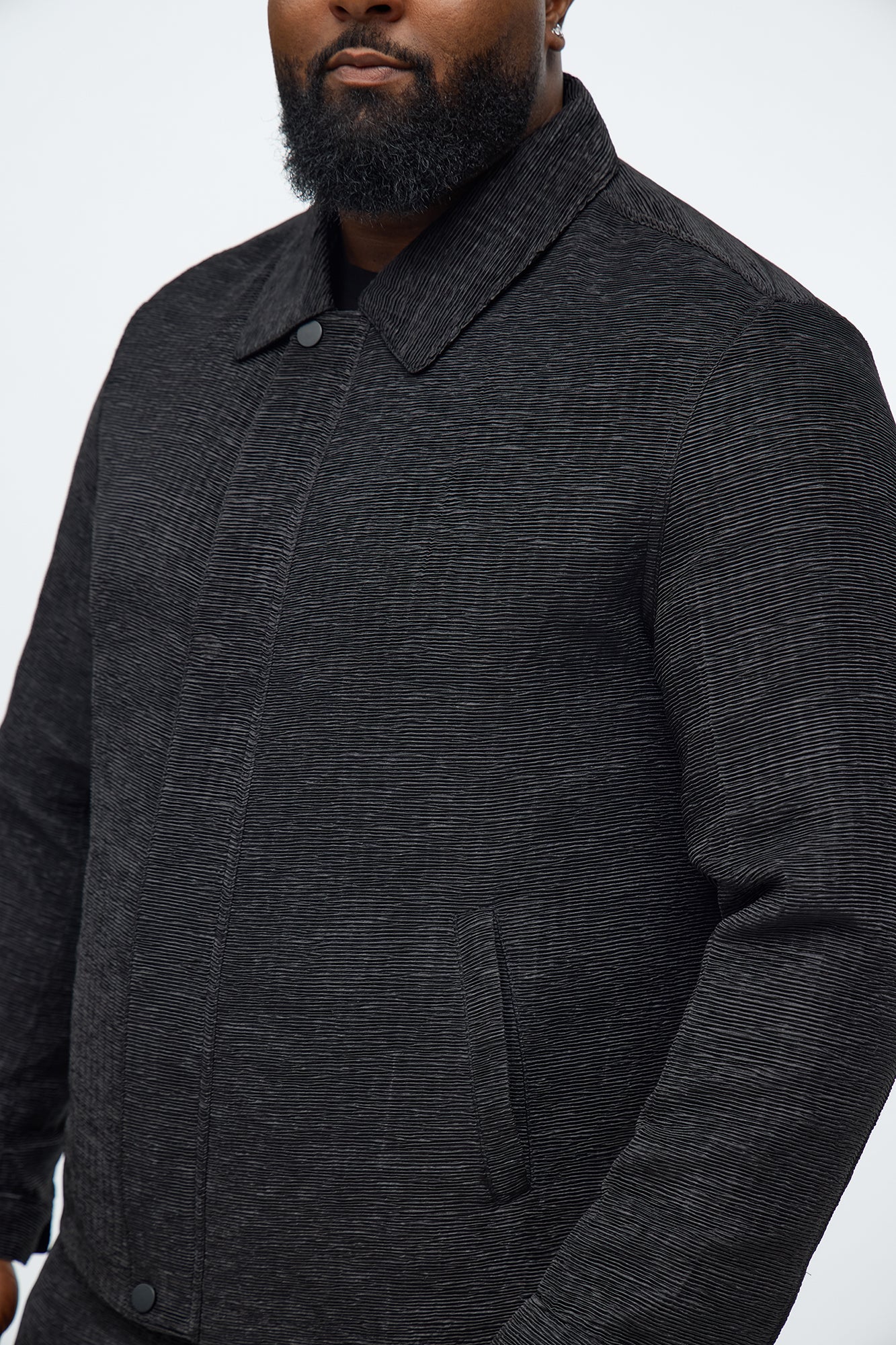 Cropped Michael Textured Hidden Snap Work Jacket - Black