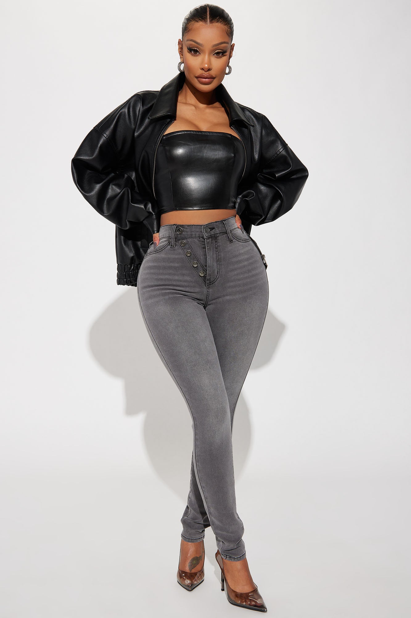 Hustle Mode Oversized Faux Leather Jacket - Black