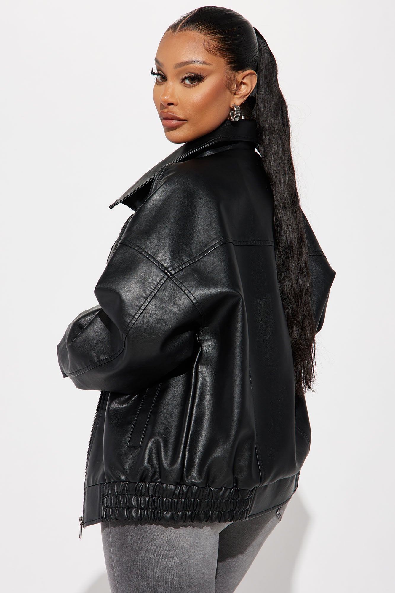 Hustle Mode Oversized Faux Leather Jacket - Black