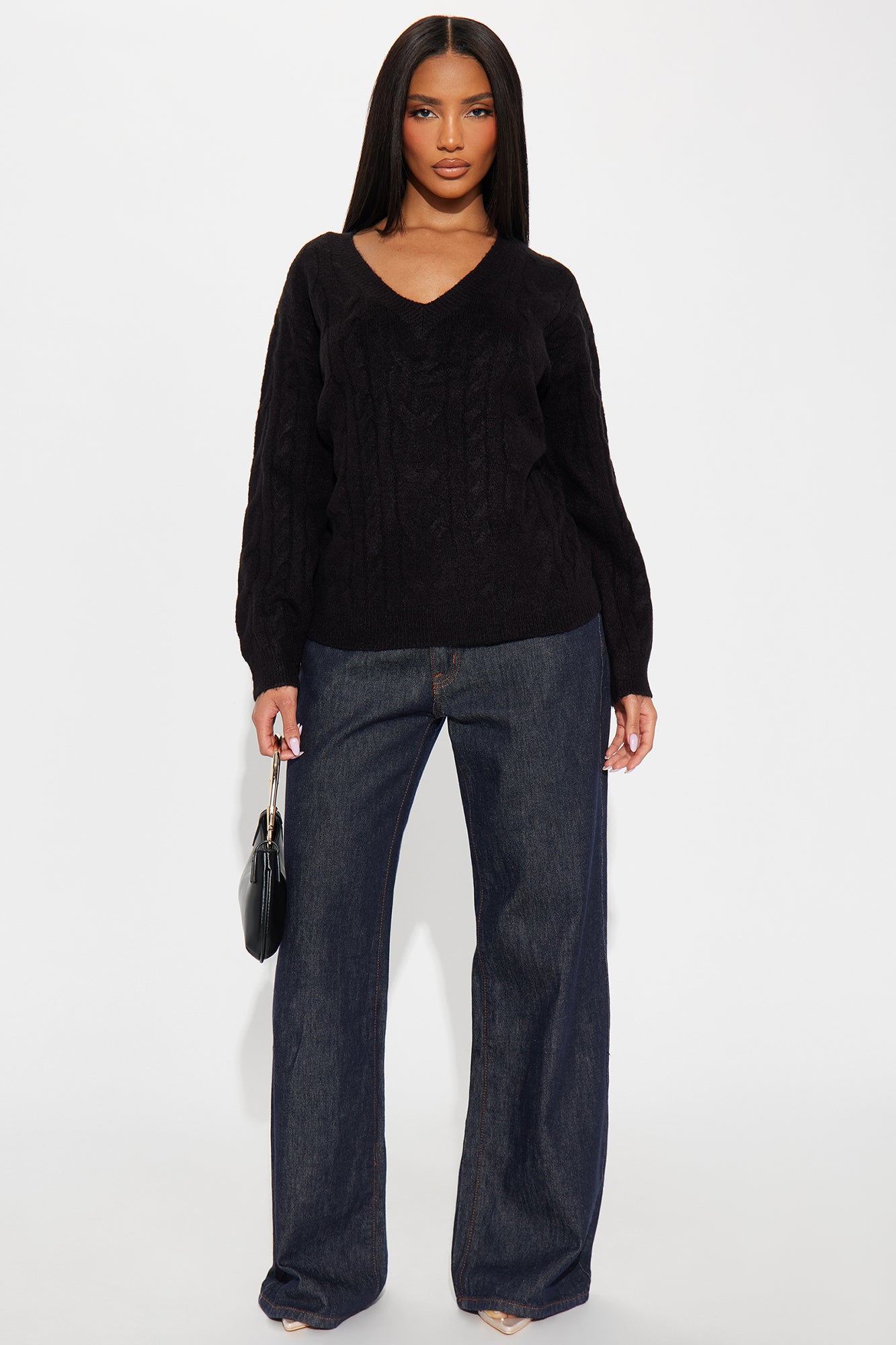 Fireside V Neck Cable Knit Sweater - Black