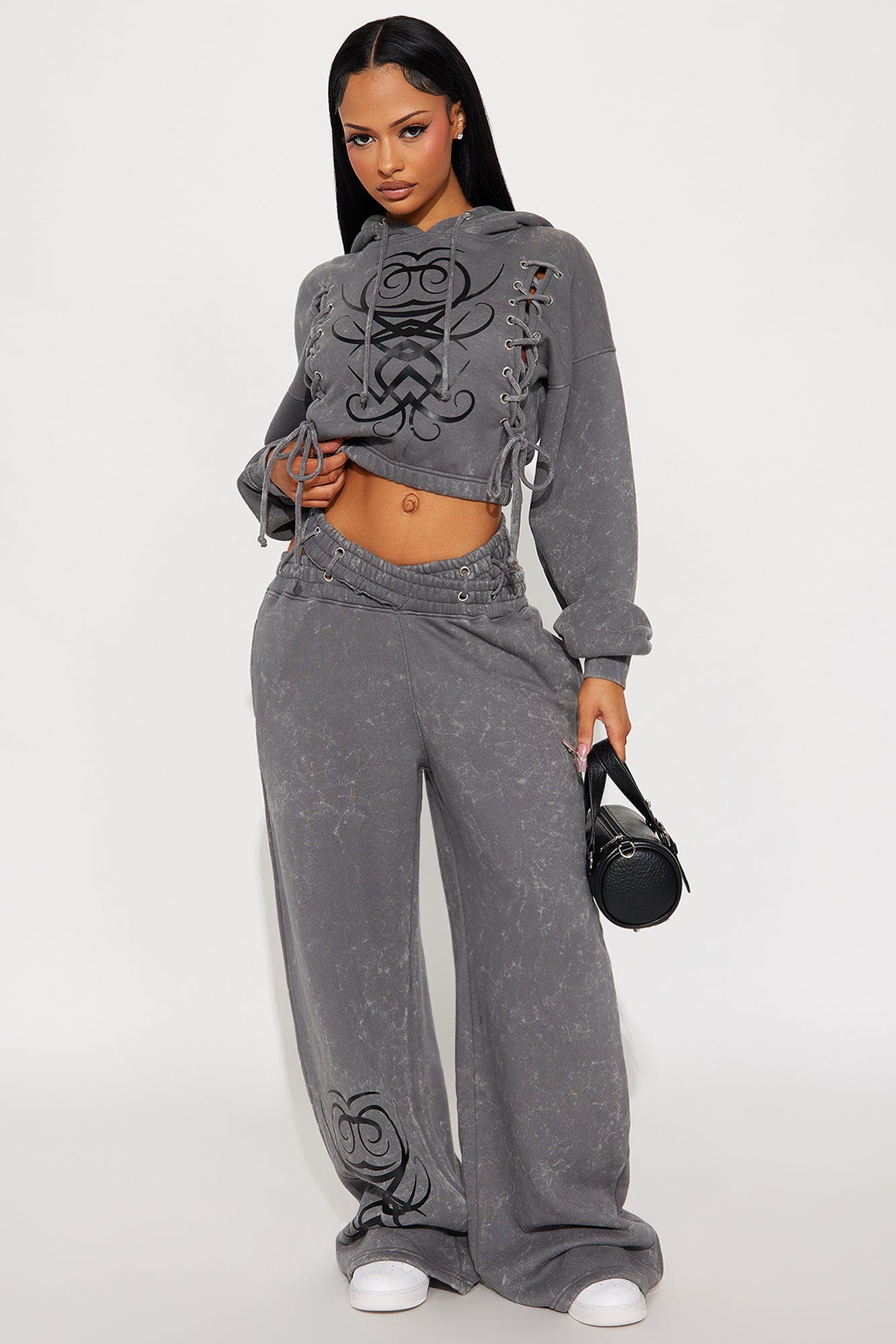 Lace Me Up Fleece Pant Set - Charcoal