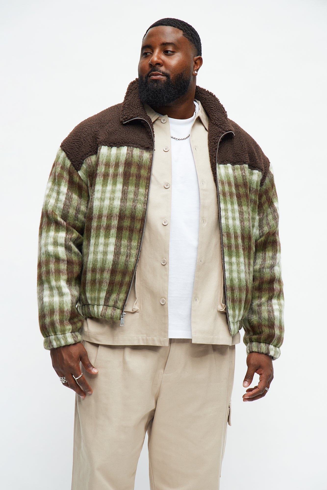 Relaxed Sherpa Plaid Mix Zip Jacket - Brown/combo