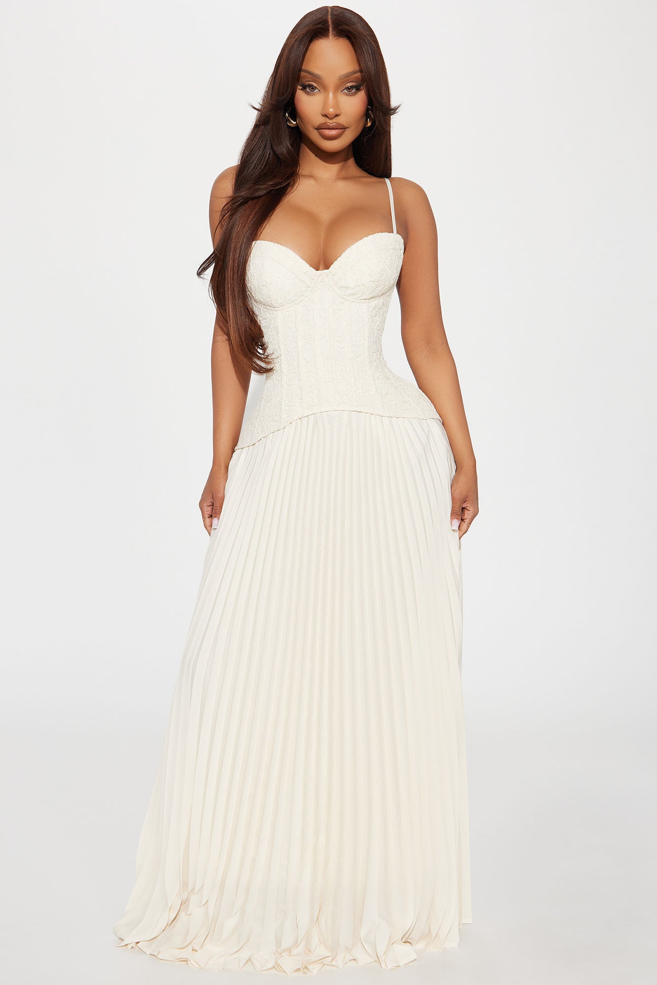 Daniella Lace Corset Pleated Maxi Dress - Cream