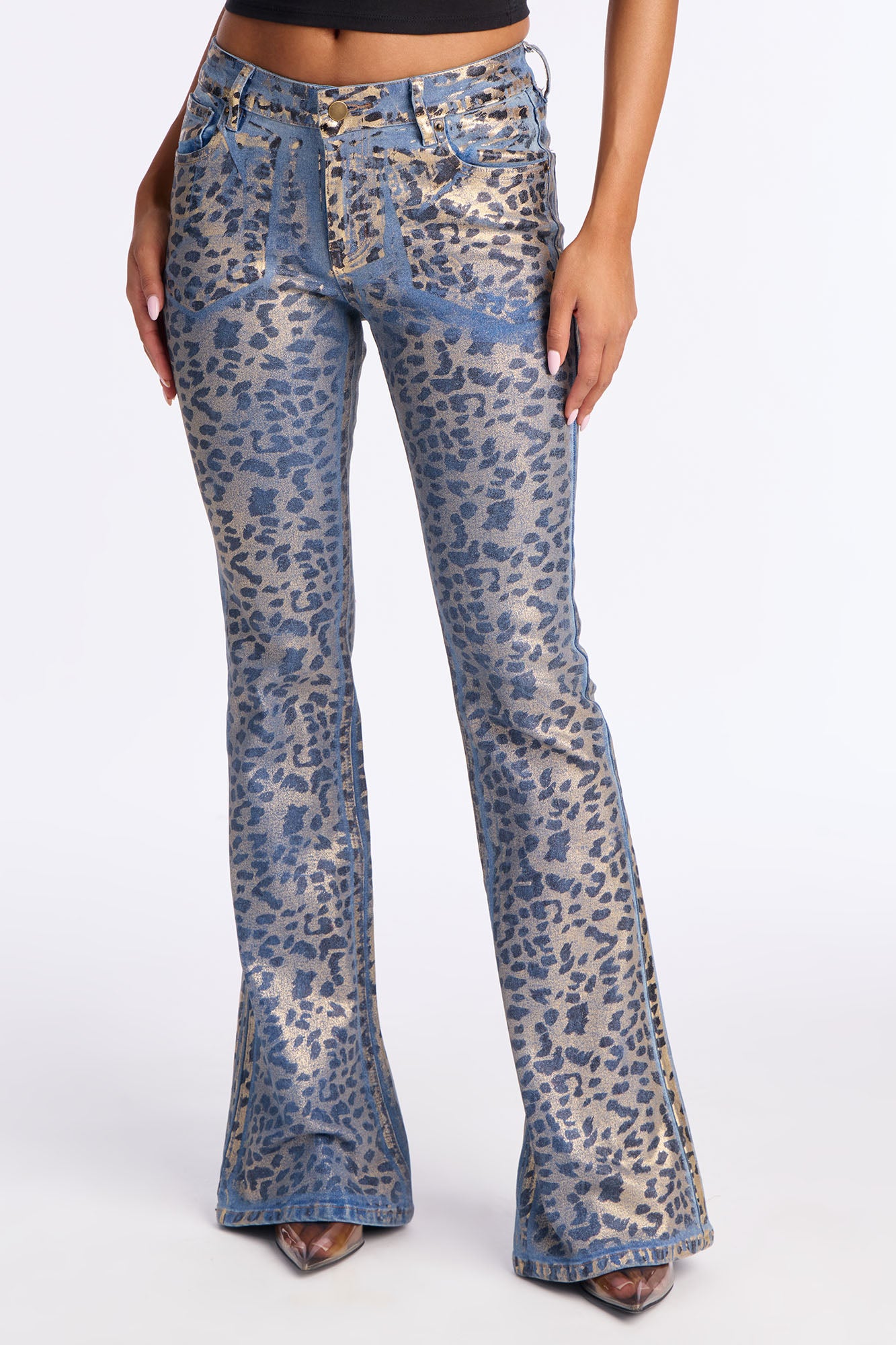 Spotted Leopard Foil Flare Jeans - Black/combo
