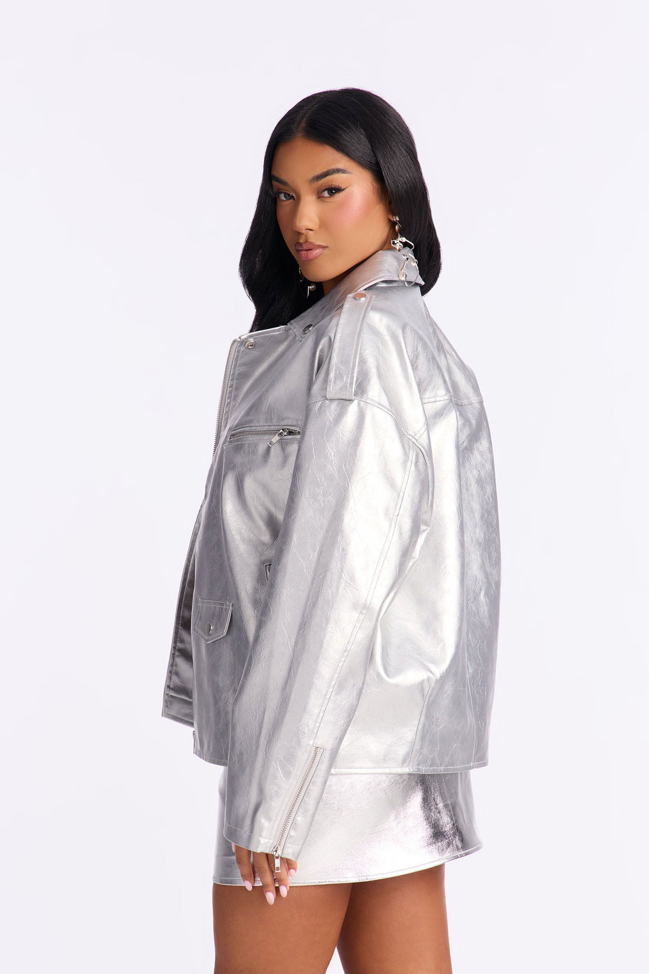 Higher Frequency Faux Leather Moto Jacket - Silver