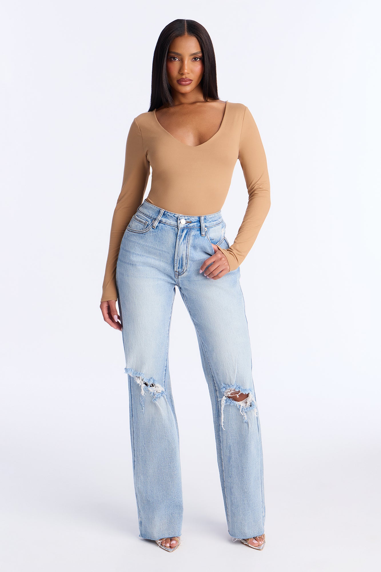 A Secret High Rise Ripped Stretch Straight Leg Jeans - Light Wash
