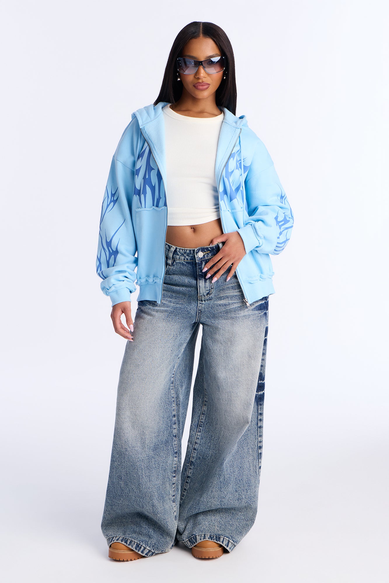 Fearless Club Washed Fleece Hoodie - Light Blue