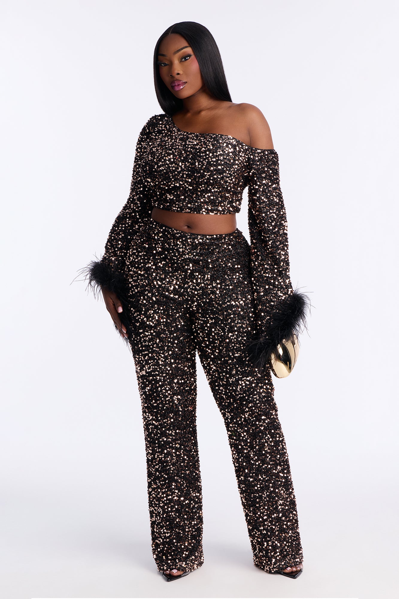 Shine All Night Feather Trim Sequin Pant Set - Chocolate