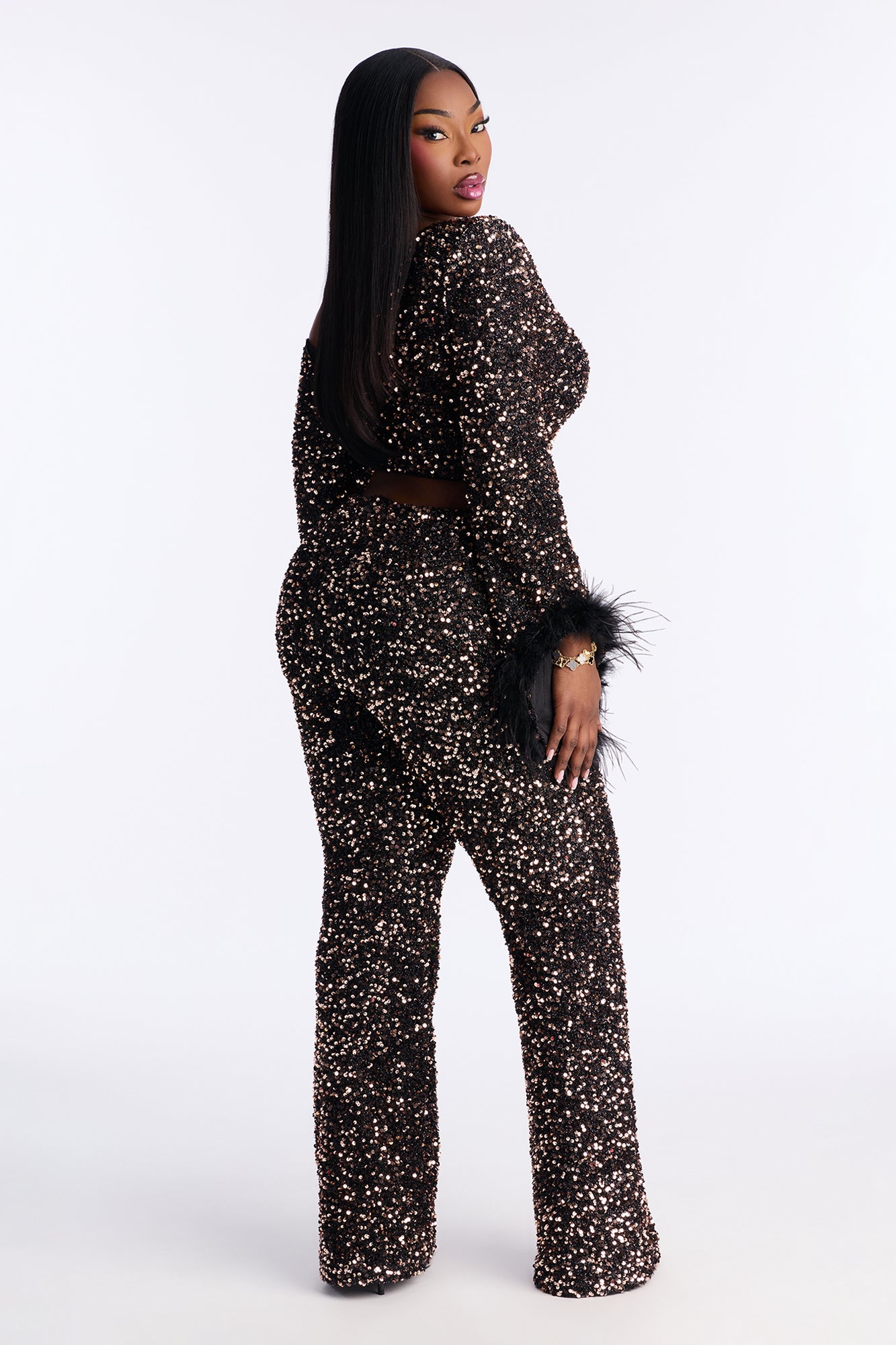 Shine All Night Feather Trim Sequin Pant Set - Chocolate