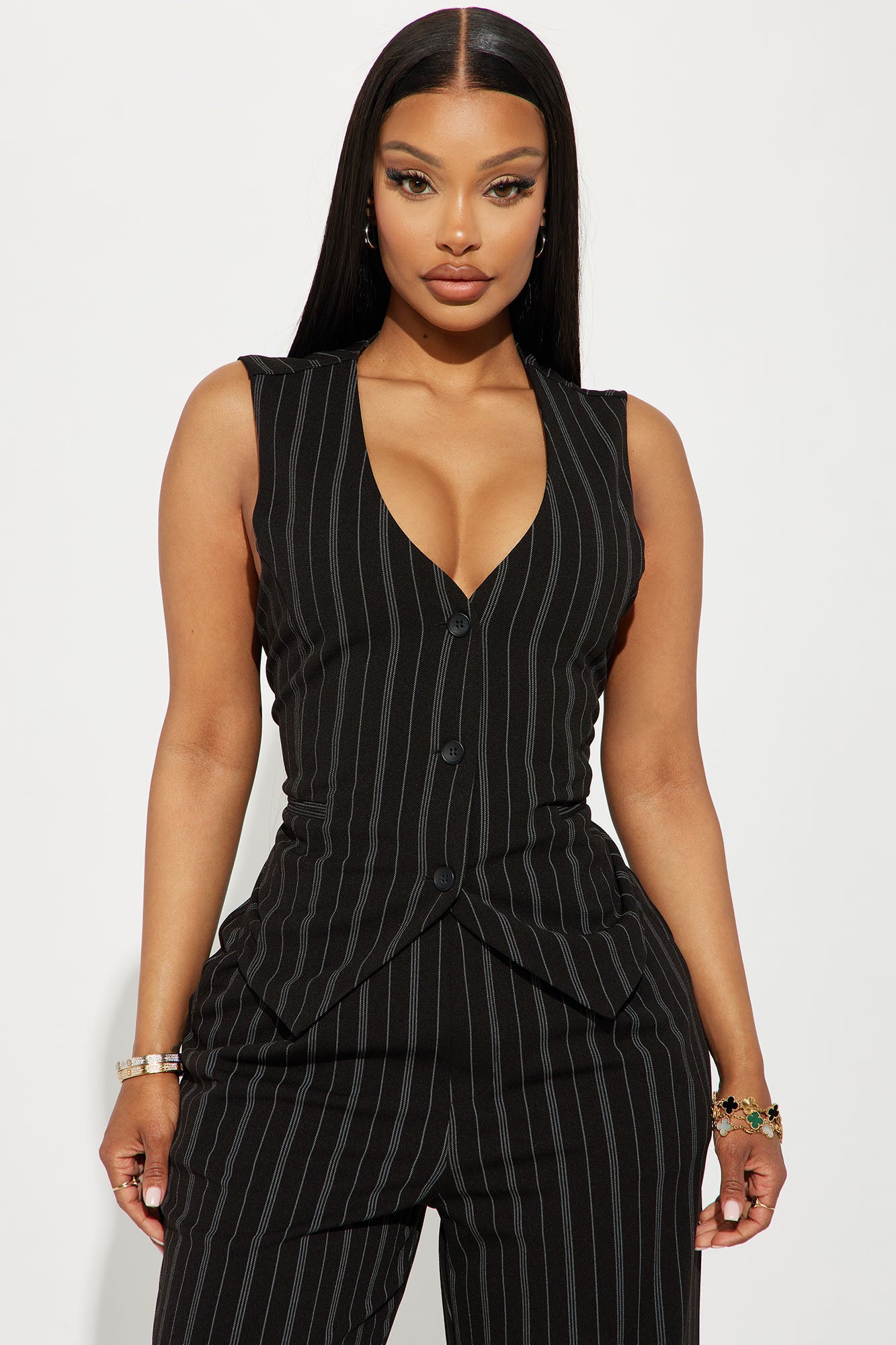Heidy Pinstripe Vest Pant Set - Black