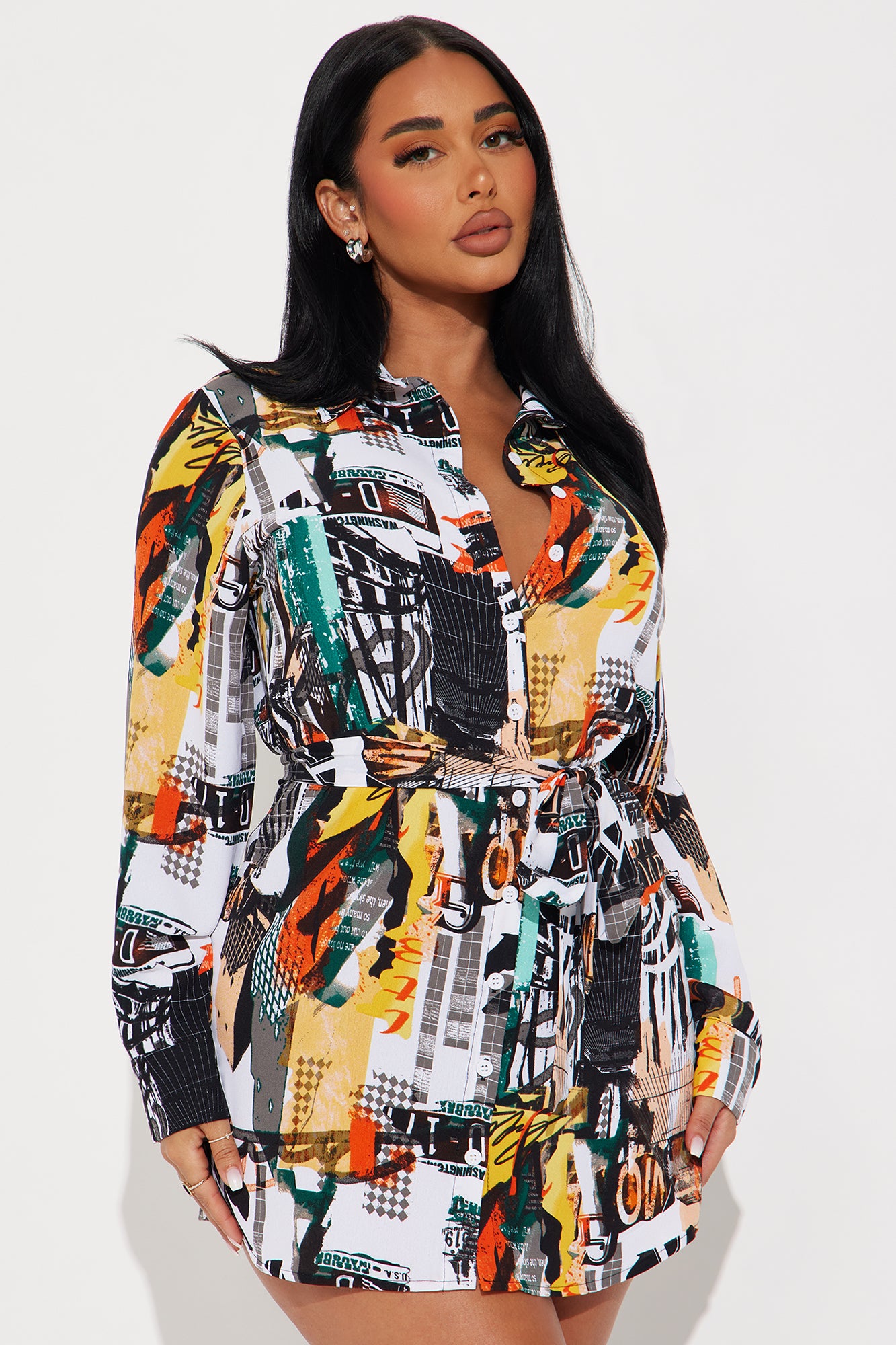 Big News Belted Mini Shirt Dress - Multi Color