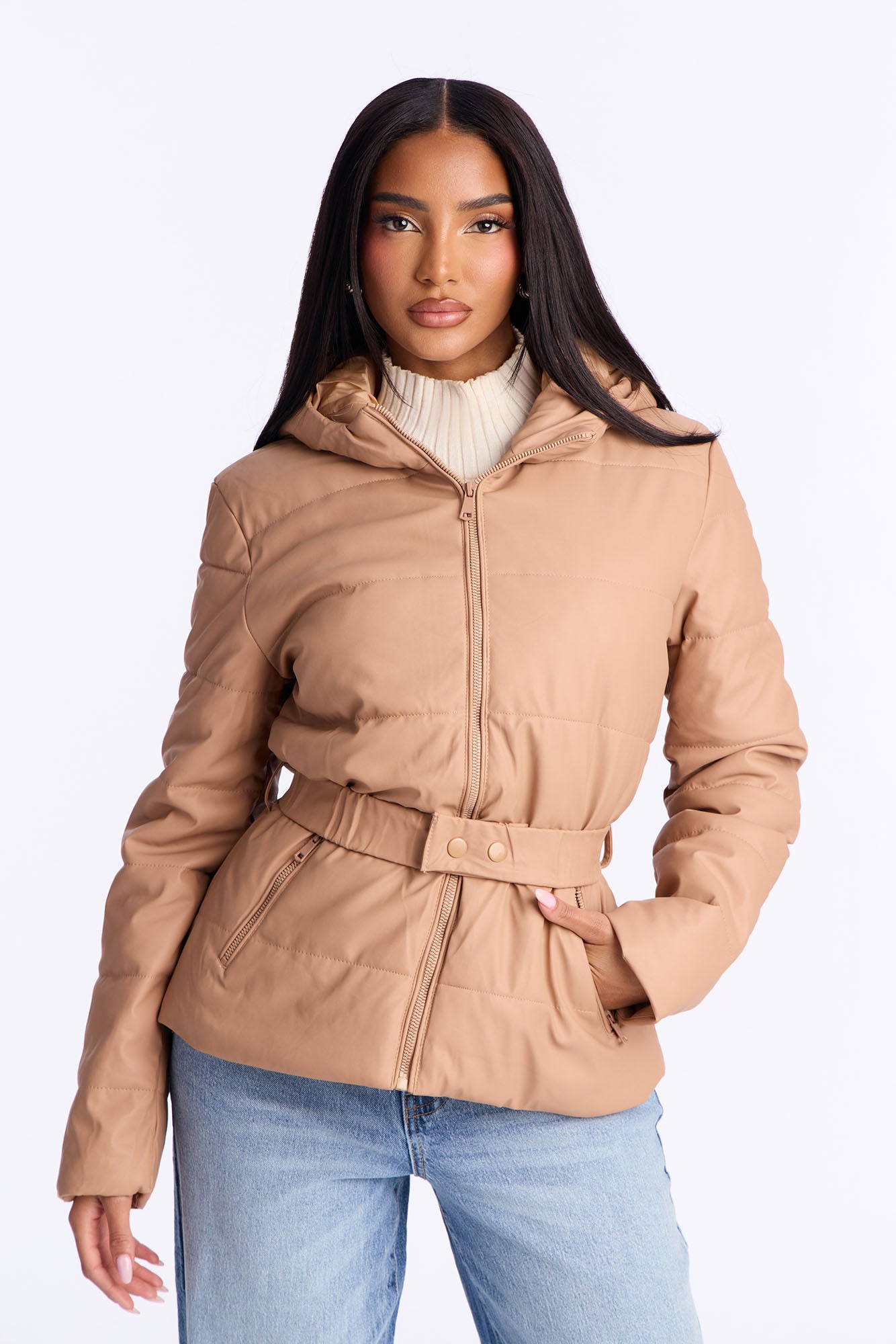City Nights Faux Leather Puffer Jacket - Taupe