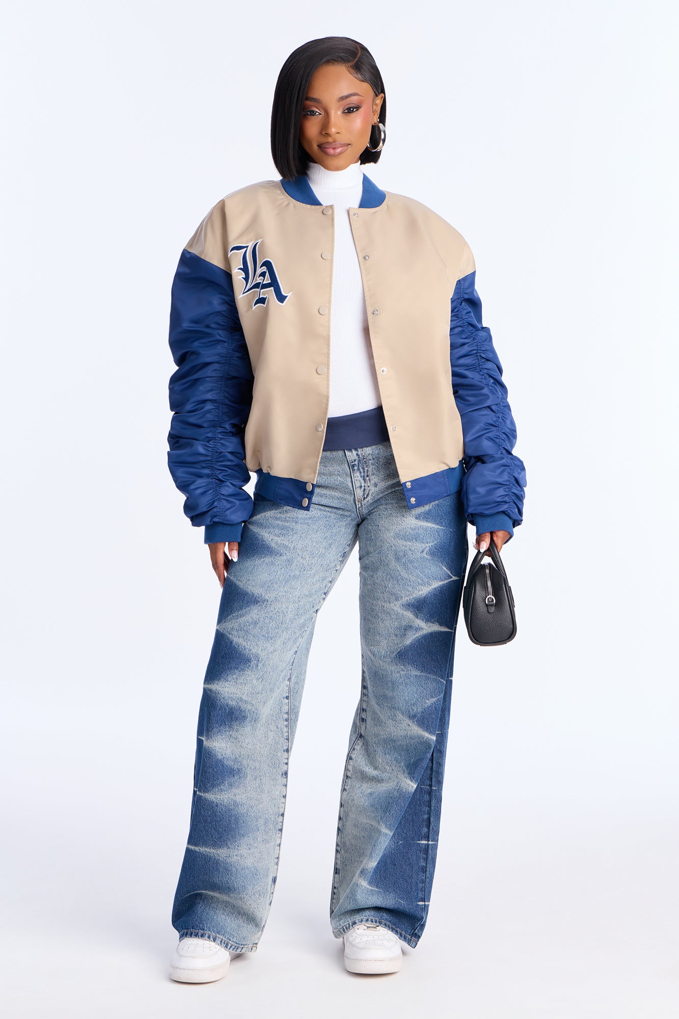 LA Hustle Oversized Ruched Bomber Jacket - Navy/combo