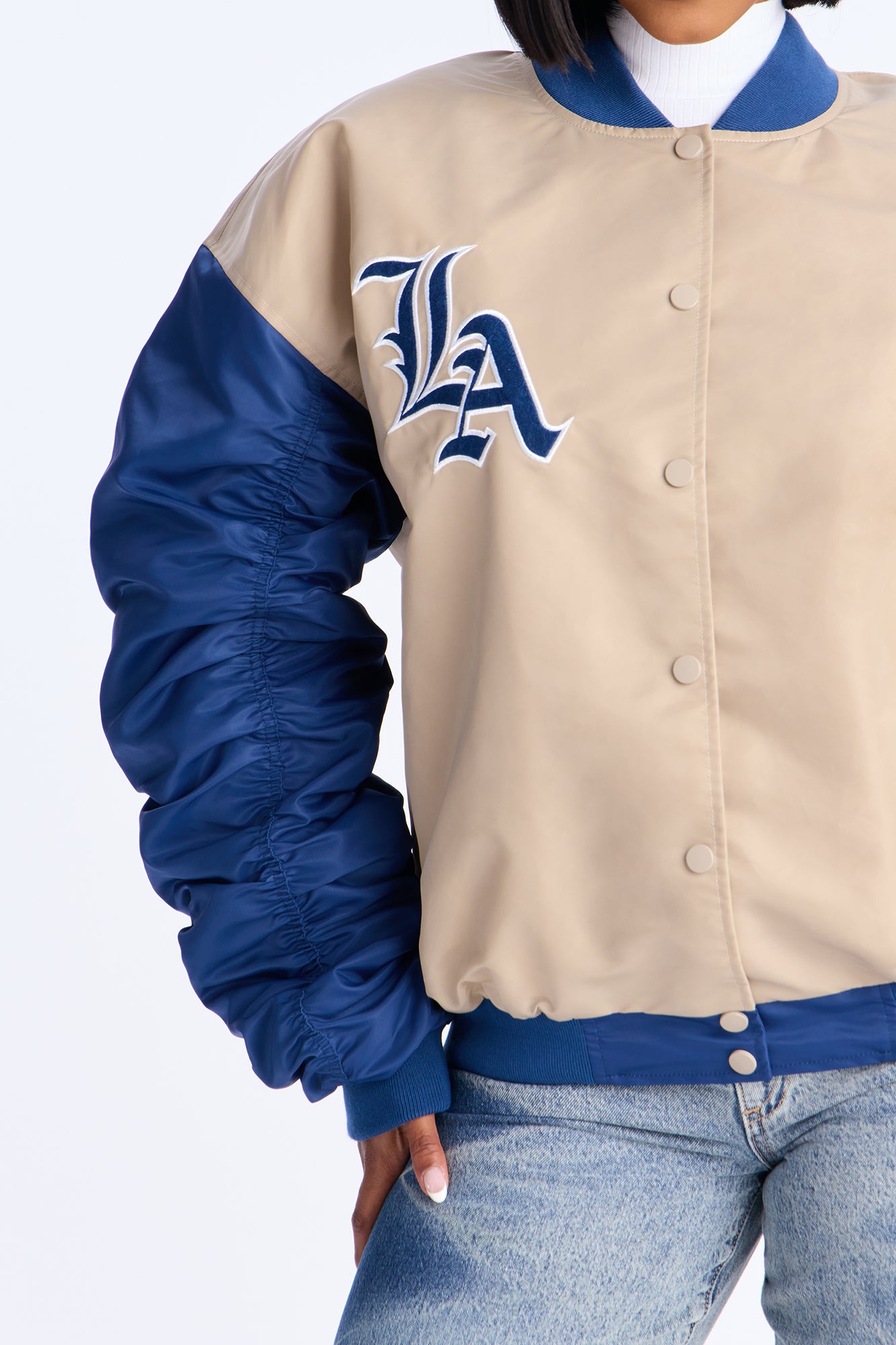 LA Hustle Oversized Ruched Bomber Jacket - Navy/combo