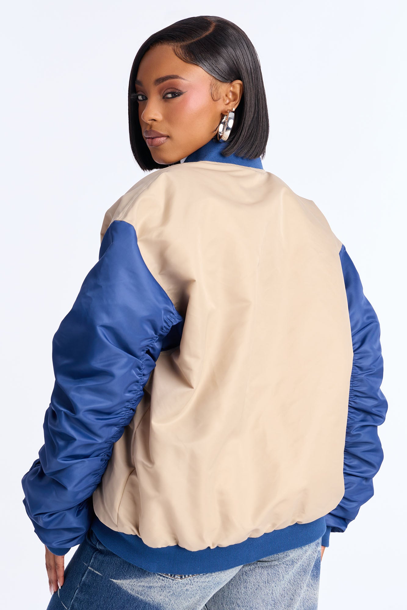 LA Hustle Oversized Ruched Bomber Jacket - Navy/combo