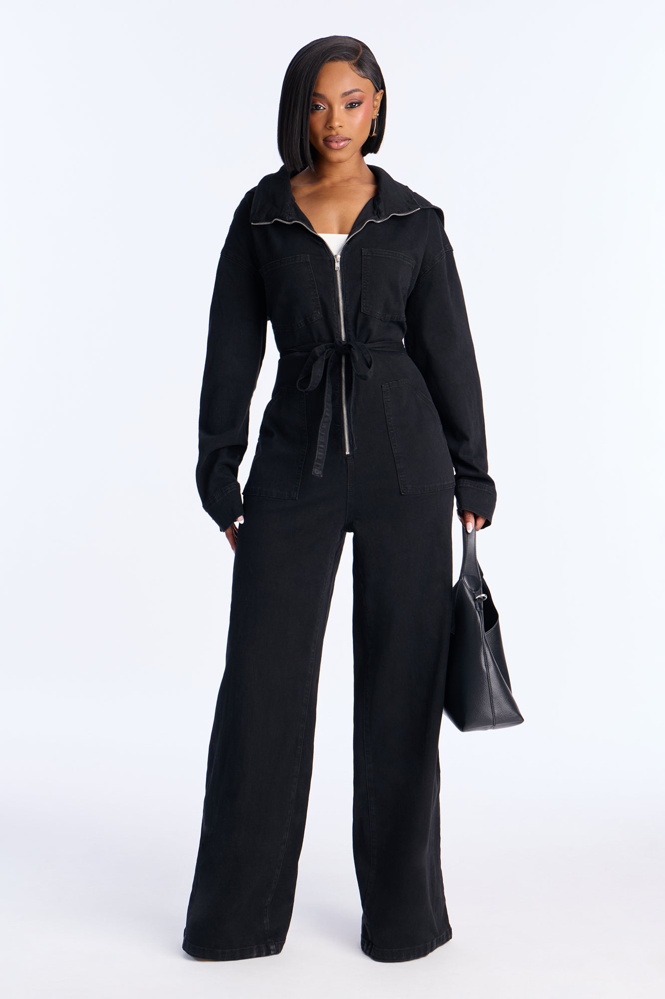 Mya Cinched Waist Hooded Denim Jumpsuit - Black