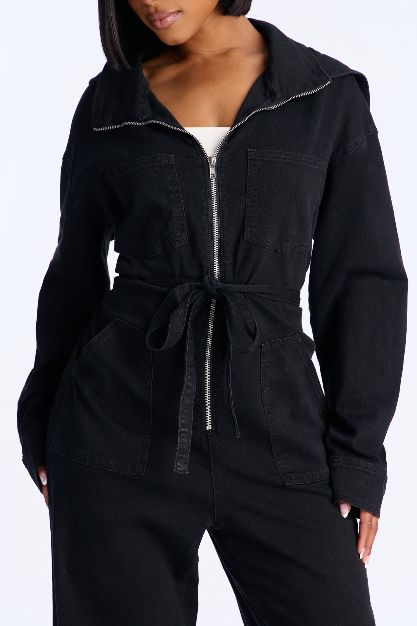 Mya Cinched Waist Hooded Denim Jumpsuit - Black