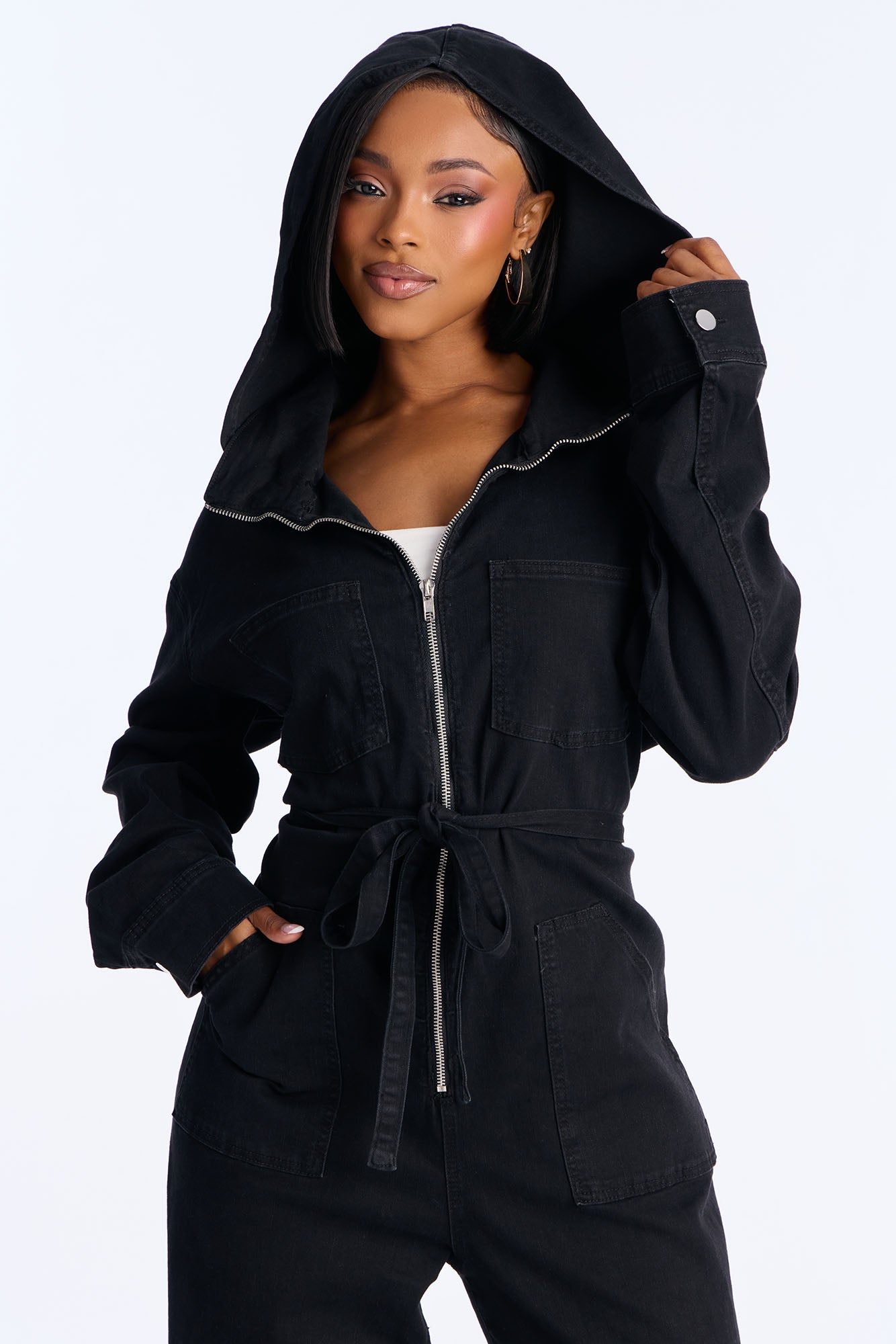 Mya Cinched Waist Hooded Denim Jumpsuit - Black