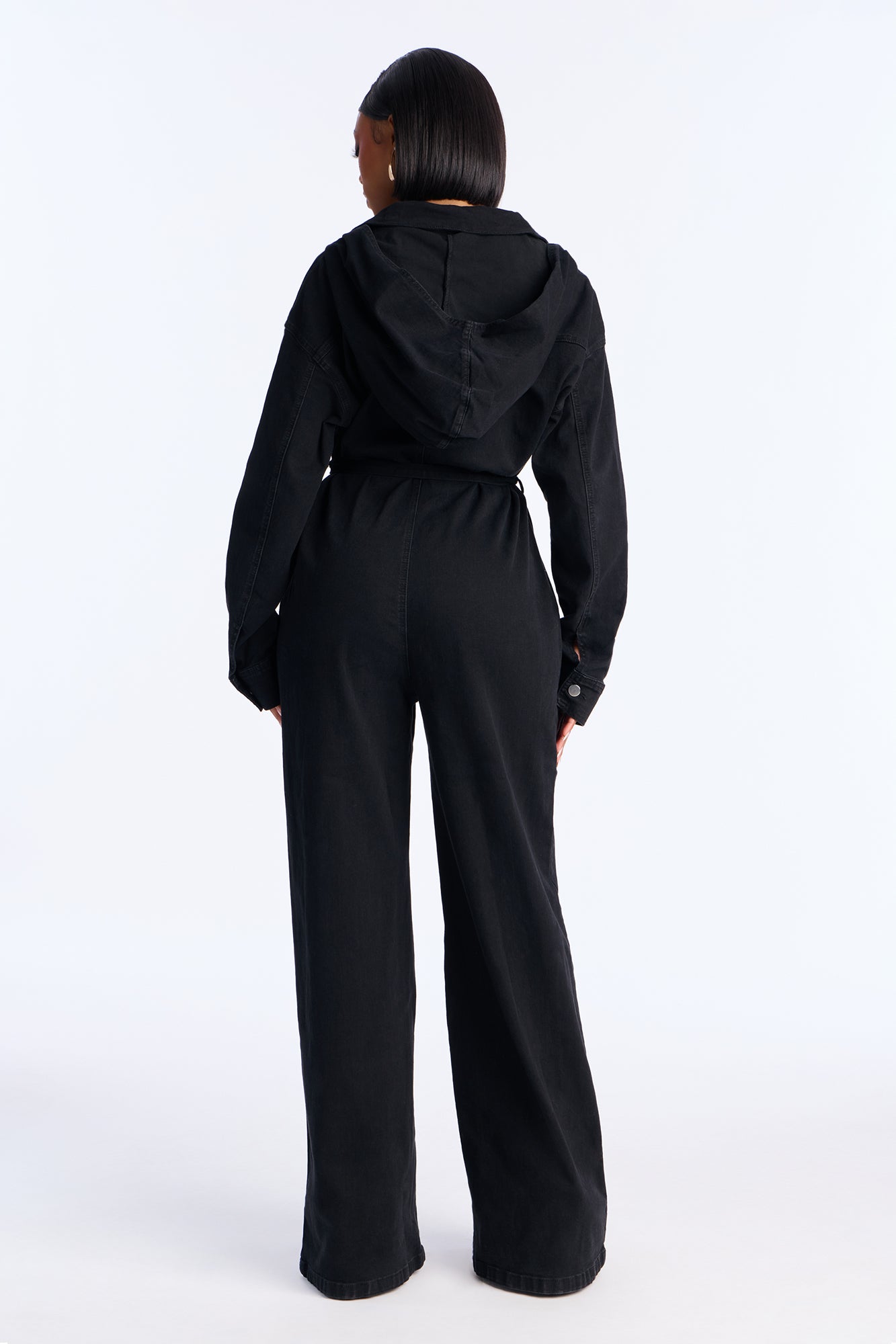 Mya Cinched Waist Hooded Denim Jumpsuit - Black