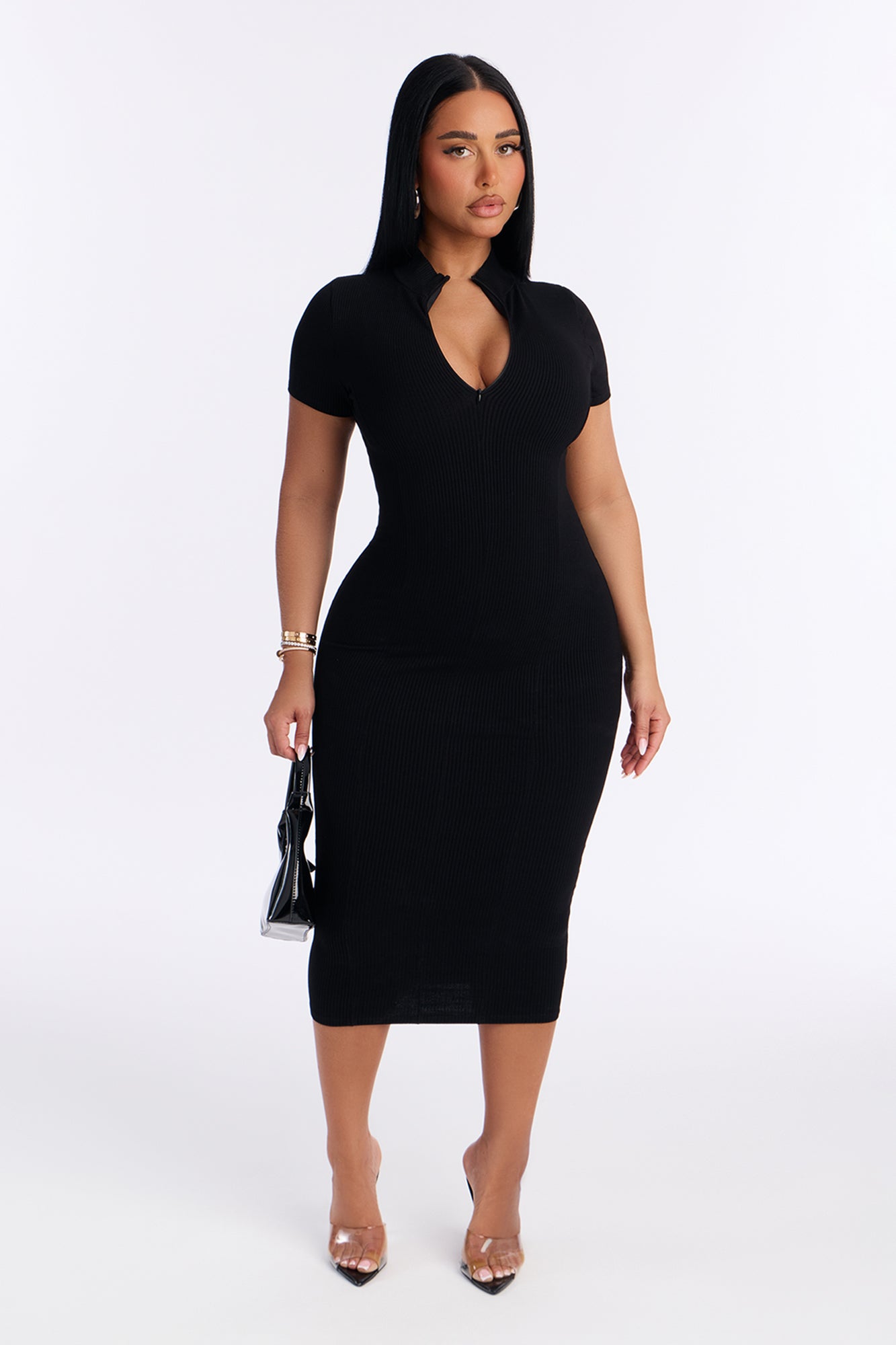 Mia Zip Snatched Midi Dress - Black