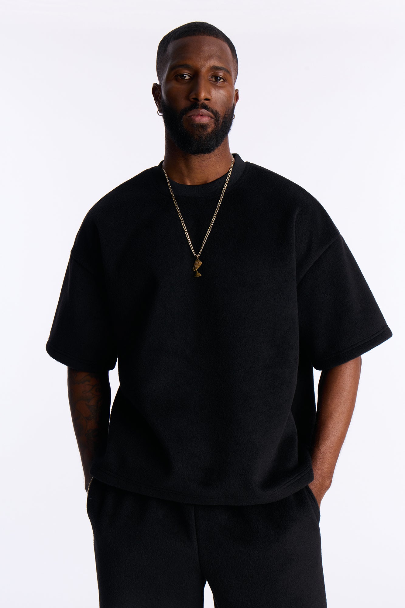 Fuzzy Textured Premium Short Sleeve Sweatshirt - Black