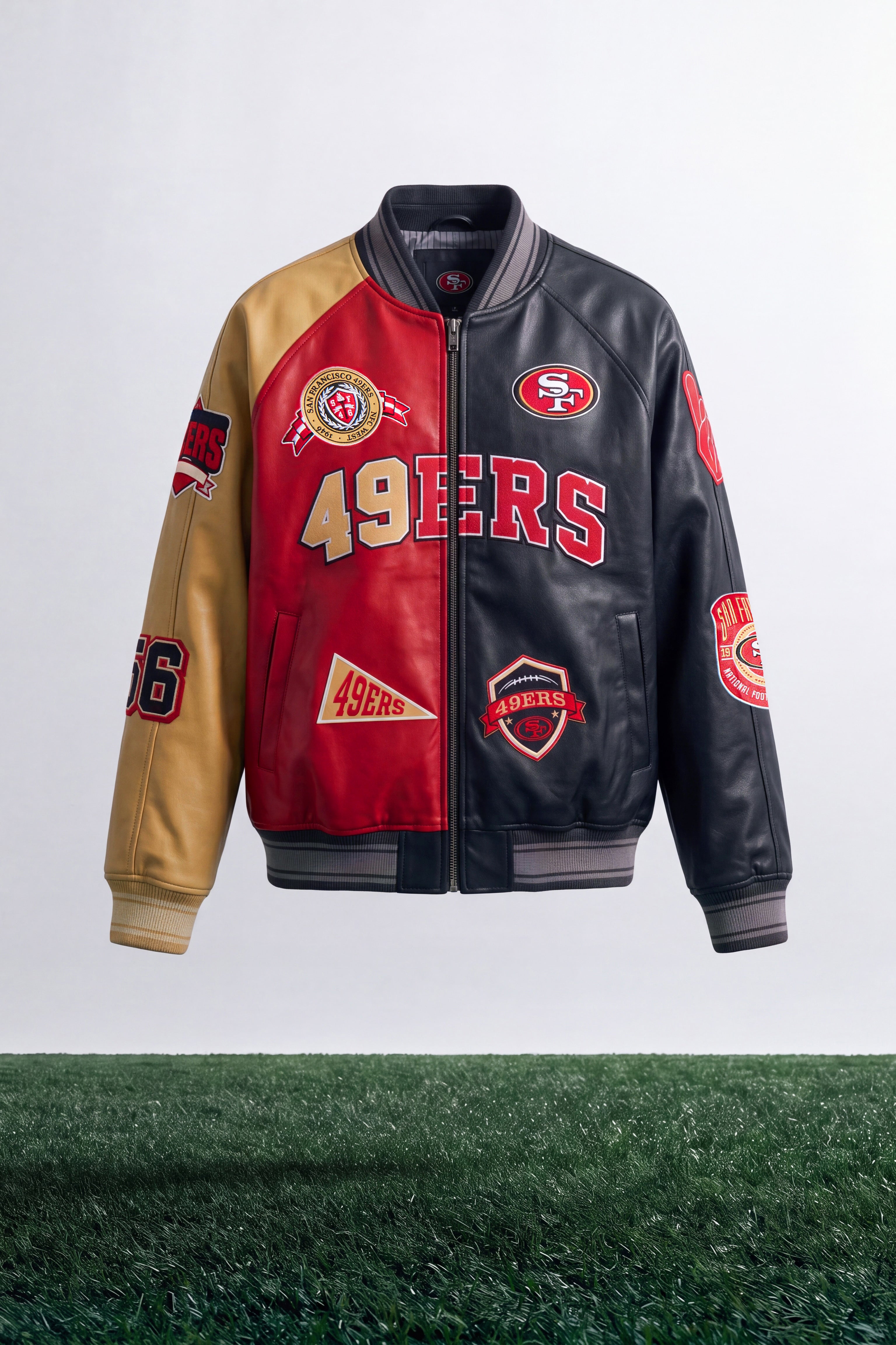 49ers Marquee Star Faux Patent Leather Long Sleeve Varsity Jacket - Red/combo