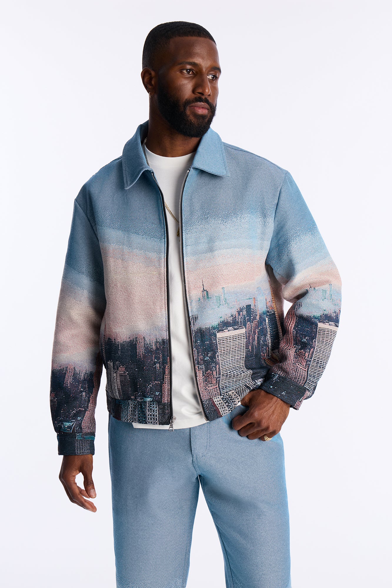 Cropped Tapestry Skyline Work Jacket - Blue