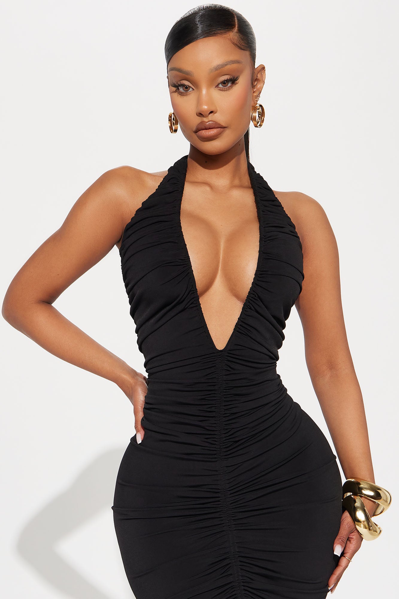 Keke Ruched Deep V Midi Dress - Black
