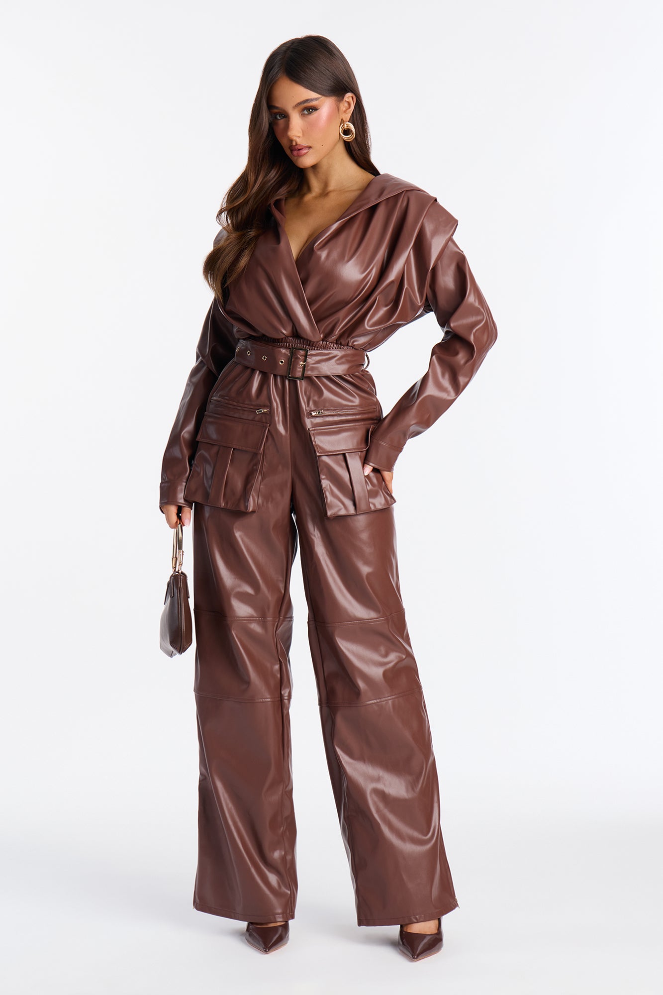 Sloane Hooded Cargo Leather Jumpsuit - Camel