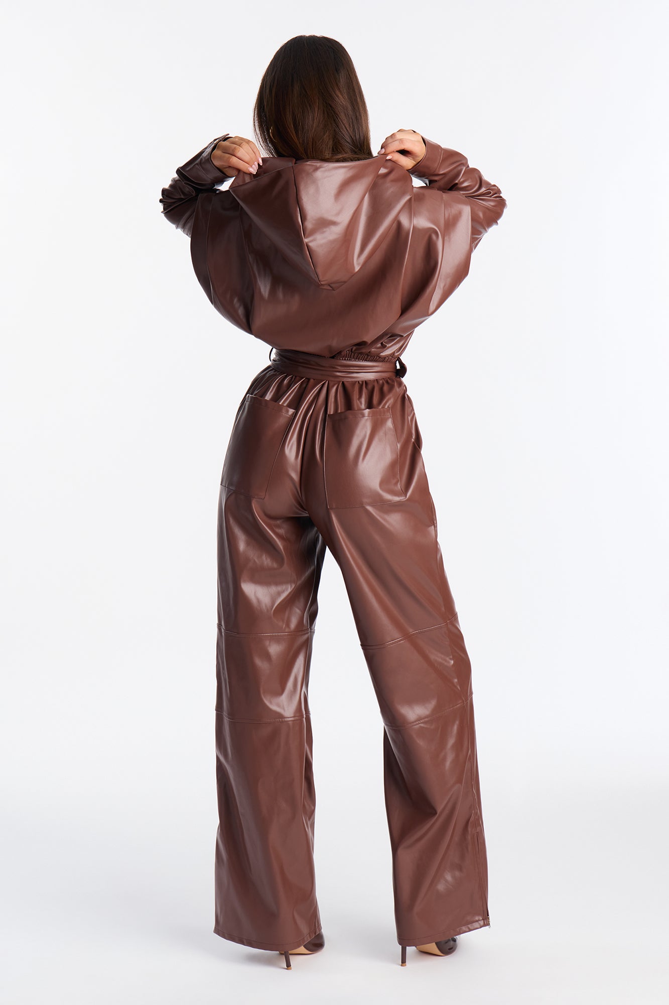 Sloane Hooded Cargo Leather Jumpsuit - Camel