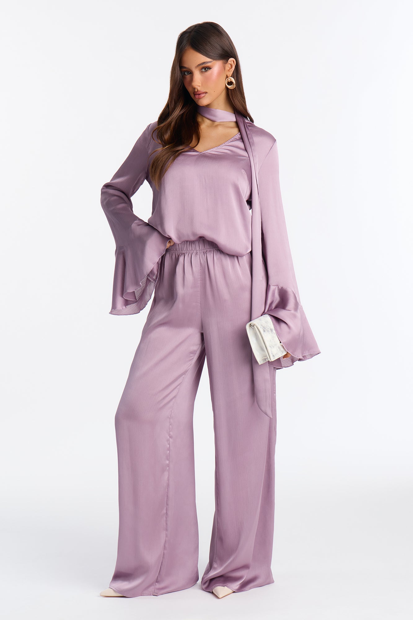 Lianna Long Sleeve Scarf Wide Leg Pant Set - Lavender