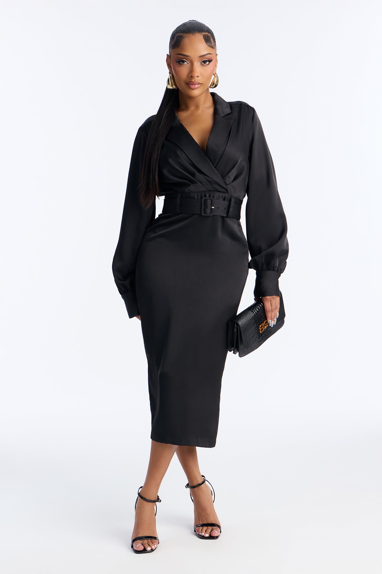 Braylynn Belted Satin Midi Dress - Black