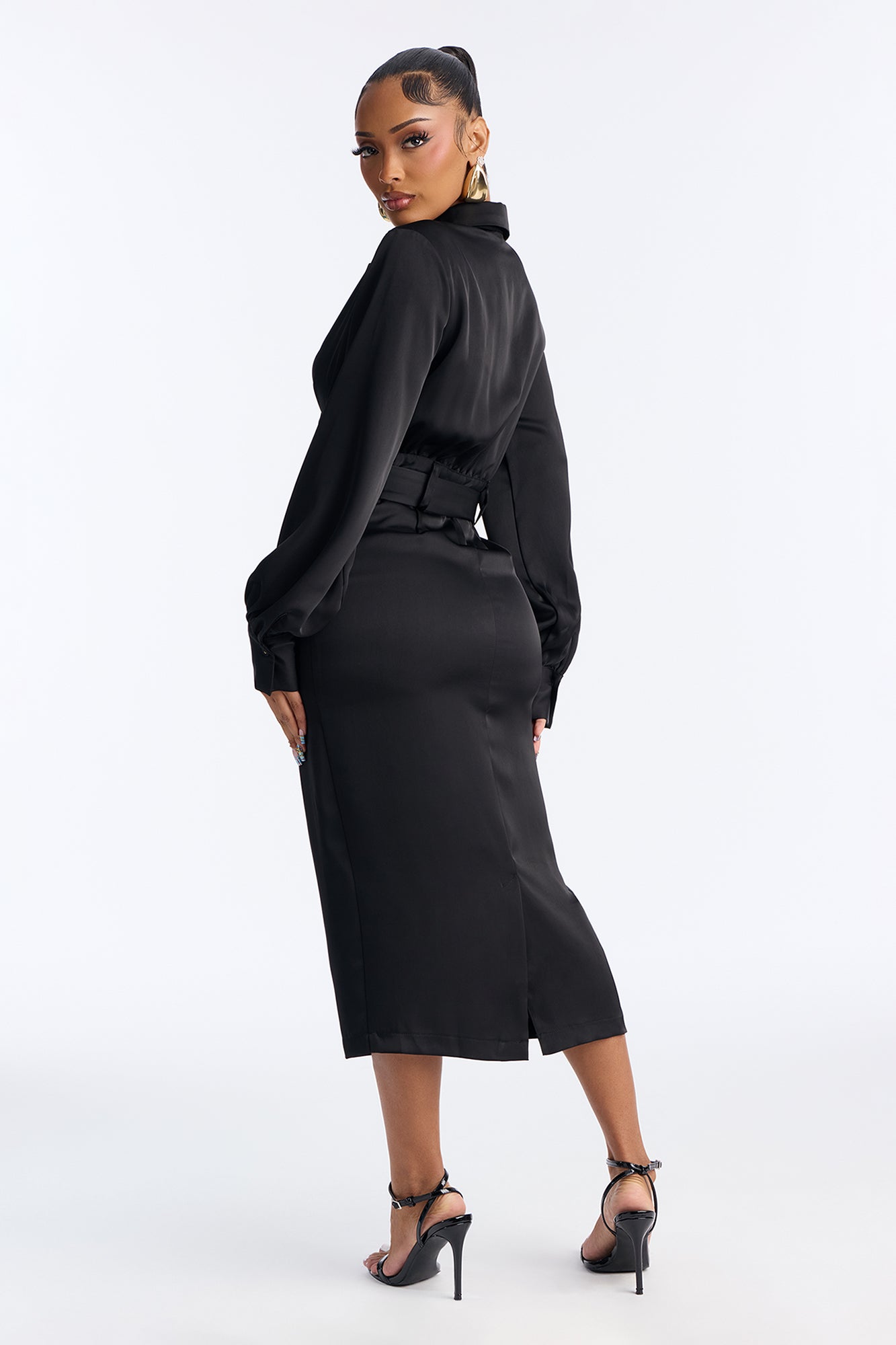 Braylynn Belted Satin Midi Dress - Black