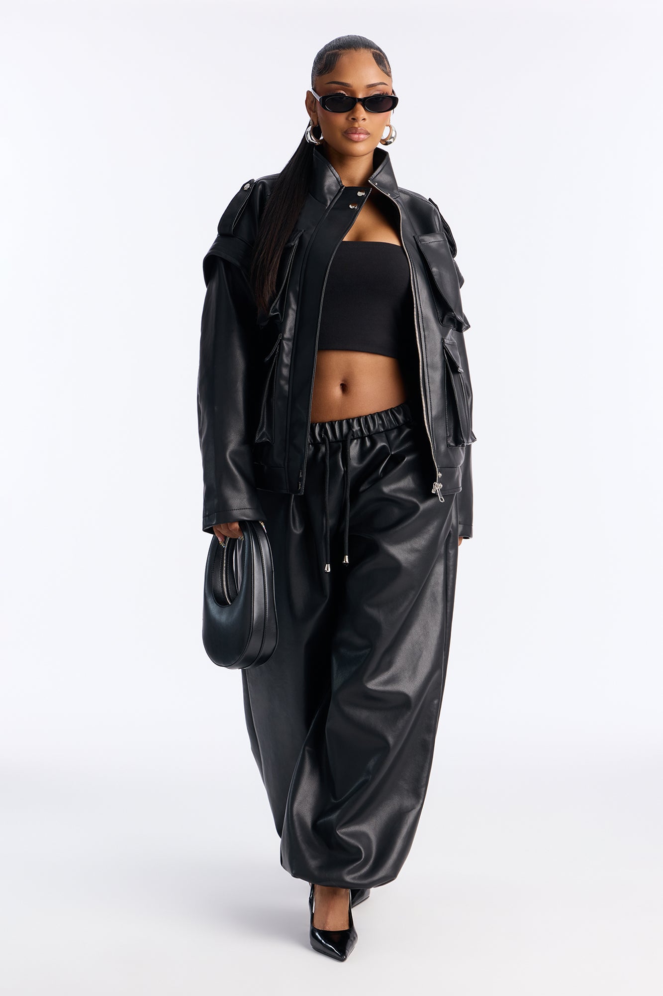 Run The Streets Faux Leather Jogger Set - Black